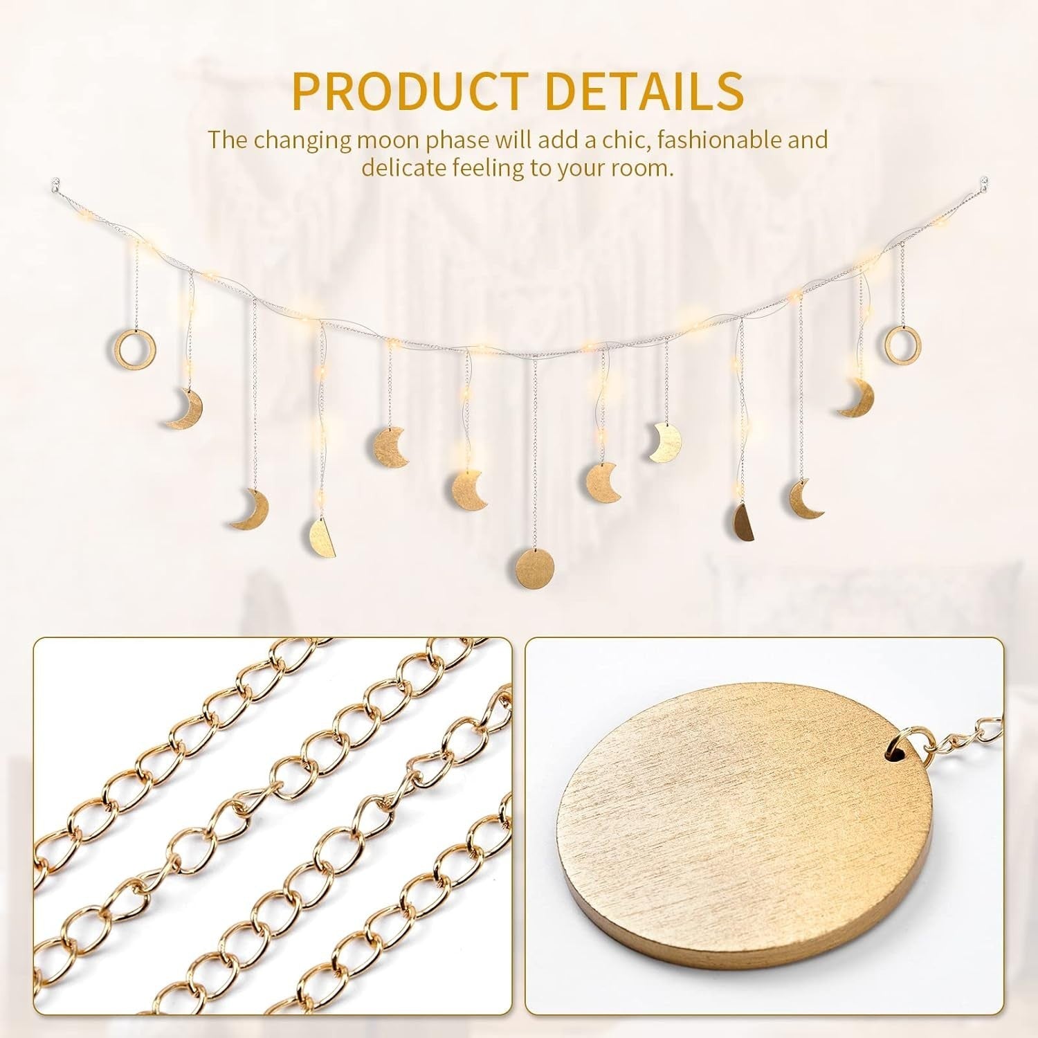 Boho Moon Phase Wall Hanging Garland LED Gold Wood Decor