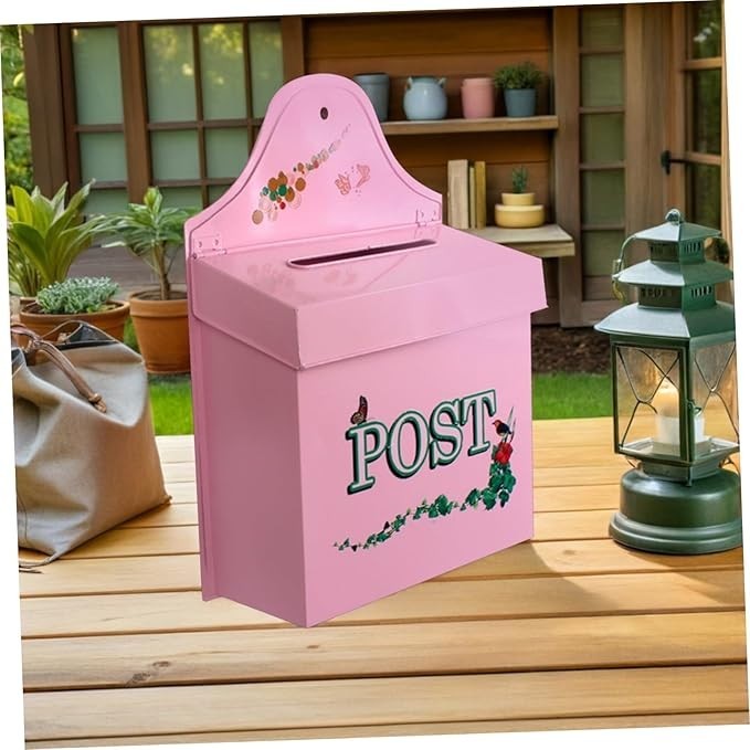 Vintage Wall Mount Mailbox Pink Metal Rustic Outdoor Weatherproof Letter Slot