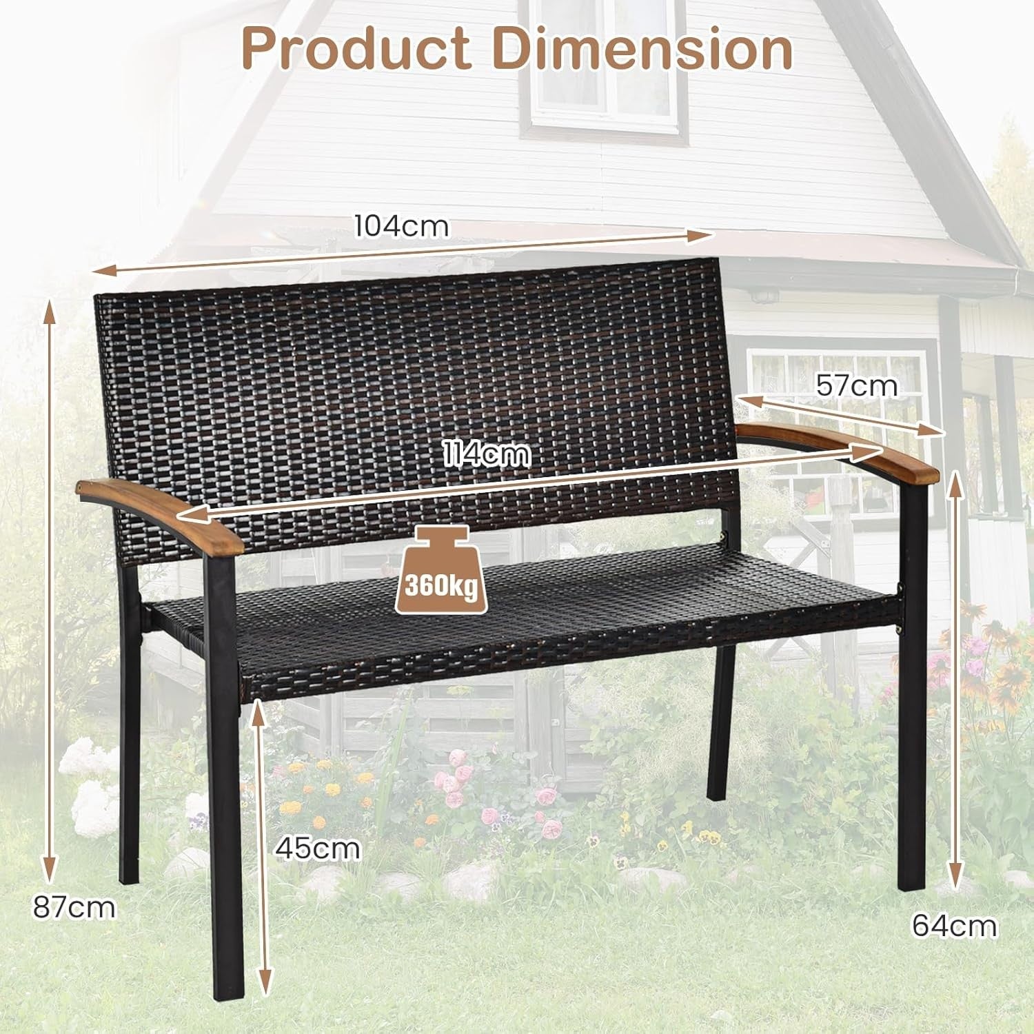 2 Seater Outdoor Rattan Garden Bench with Wood Armrests Patio Seating