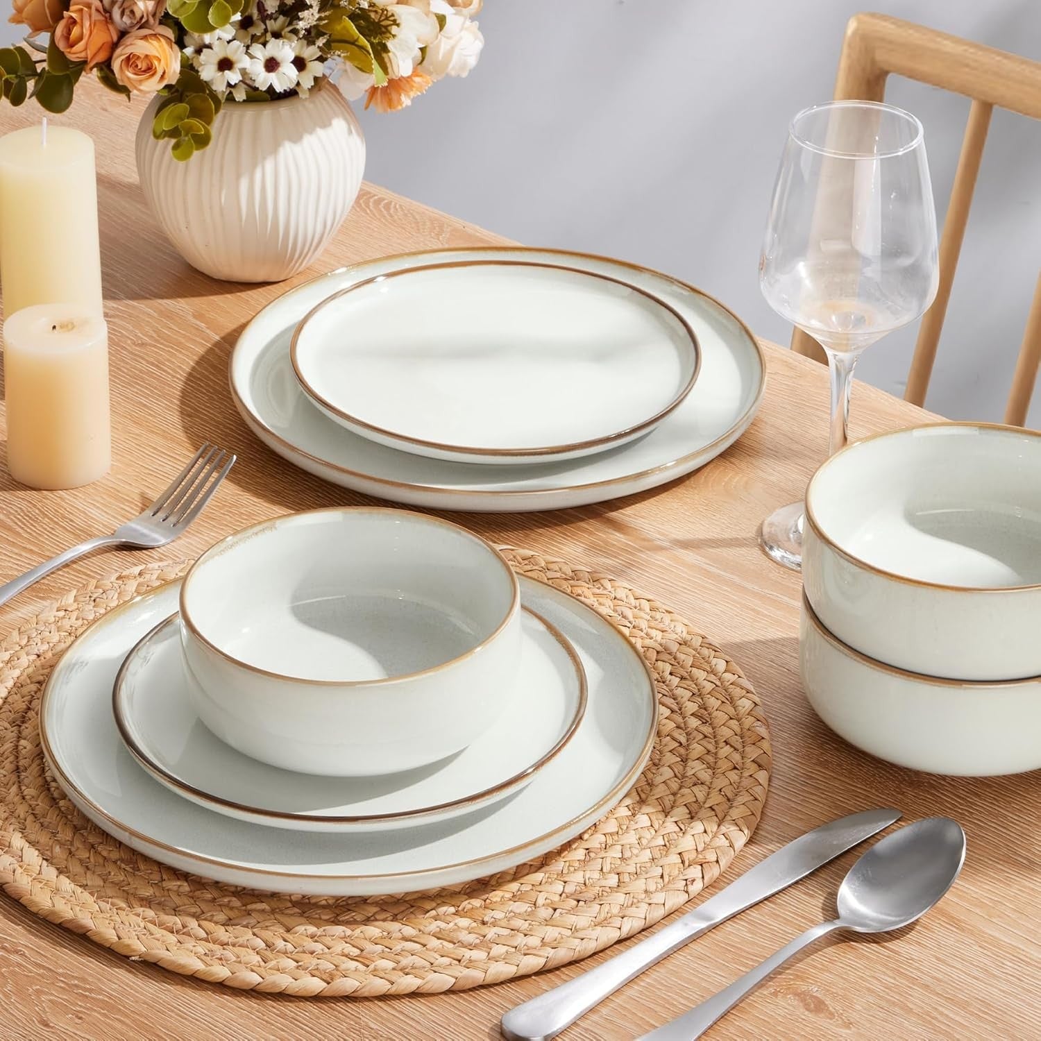 12 Piece Stoneware Dinner Set Plates Bowls Dishwasher Microwave