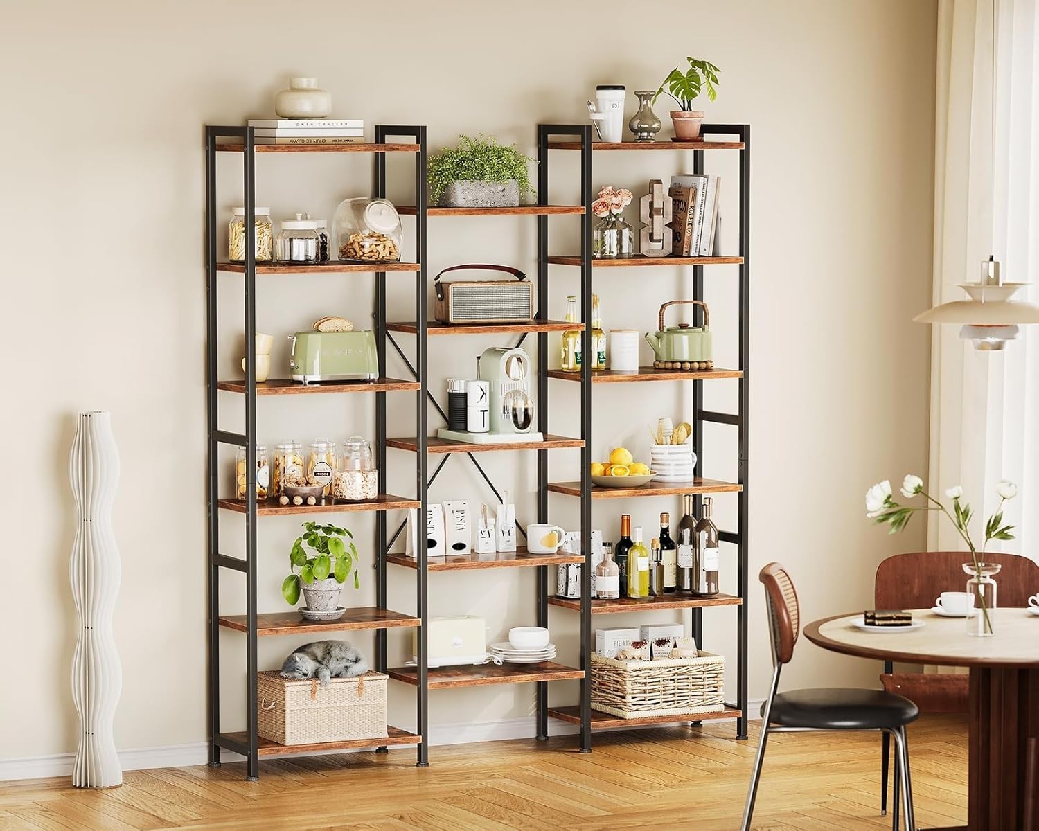 6 Tier Triple Bookshelf Industrial 14 Shelf Wide Bookcase Rustic Brown