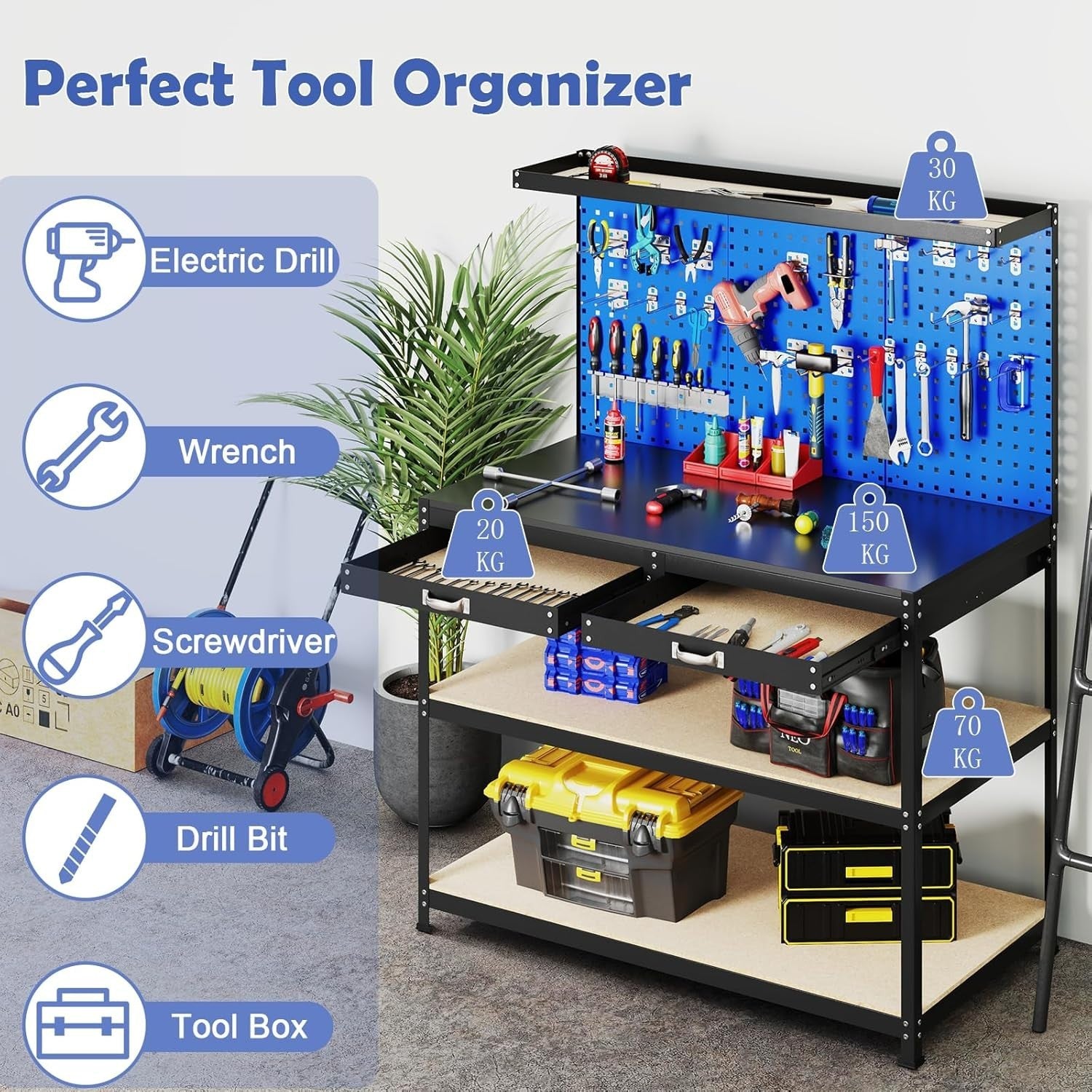 Heavy Duty Garage Workbench with Pegboard Drawers Hooks Tool Station 121x61