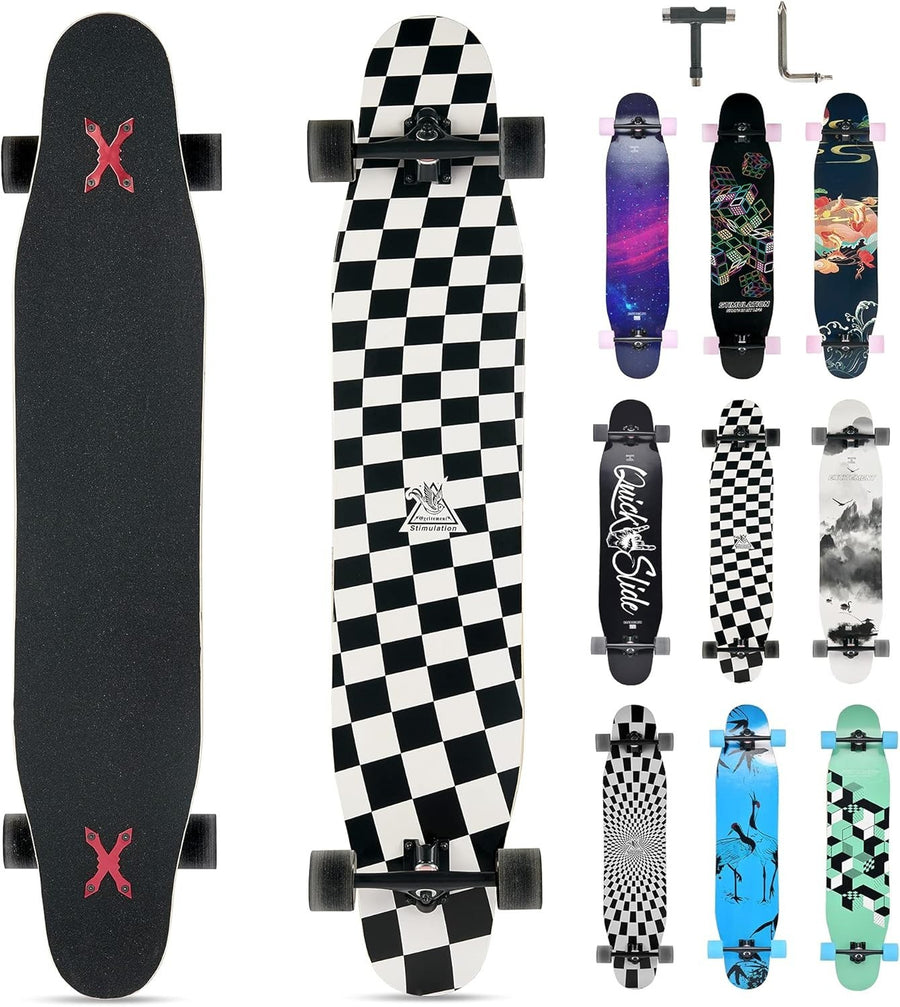 46" Longboard Skateboard B/W Complete 8-Layer Maple Wood Deck Teens & Adults
