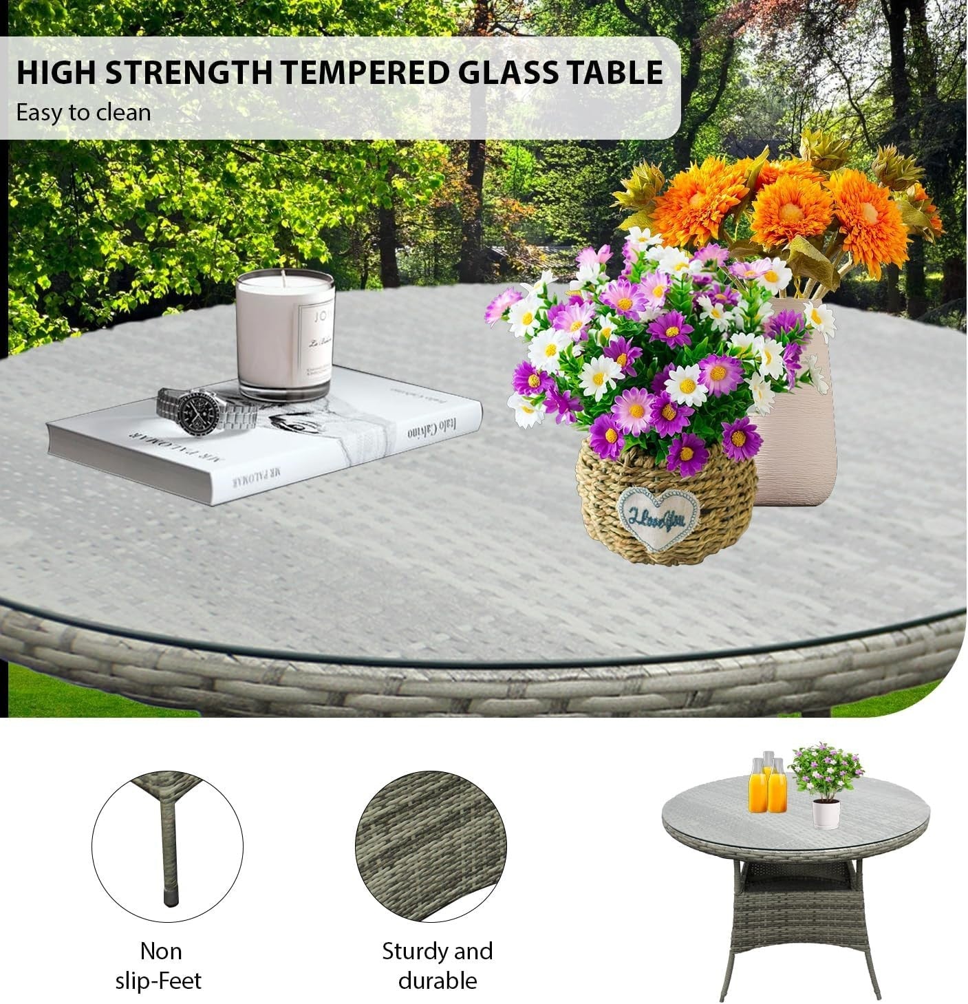 4 Seater Rattan Garden Set Round Table & Cushions Outdoor Patio Dining
