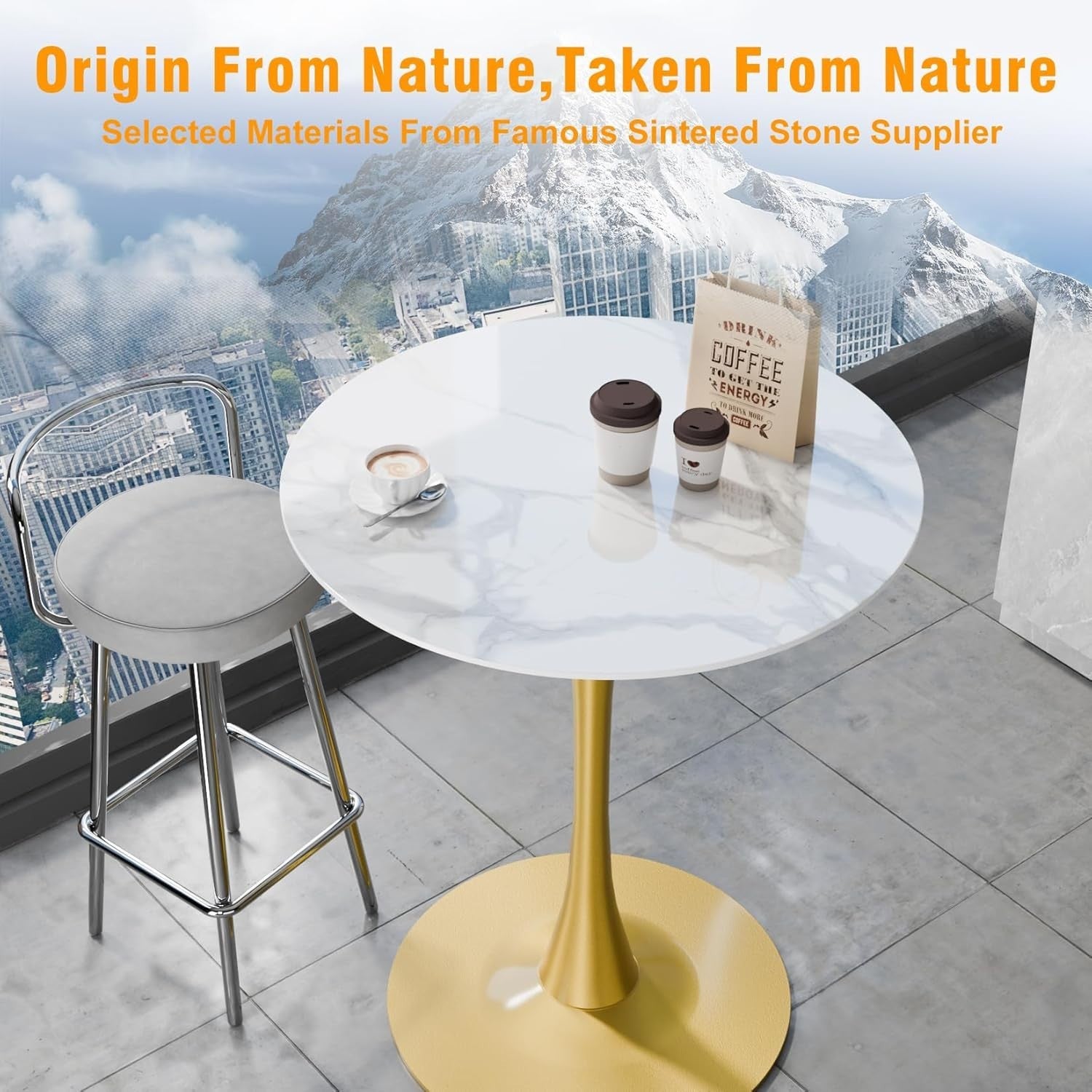 Rich White 76cm Round Bar Table Tall 100cm Sintered Stone Top Gold Metal Base