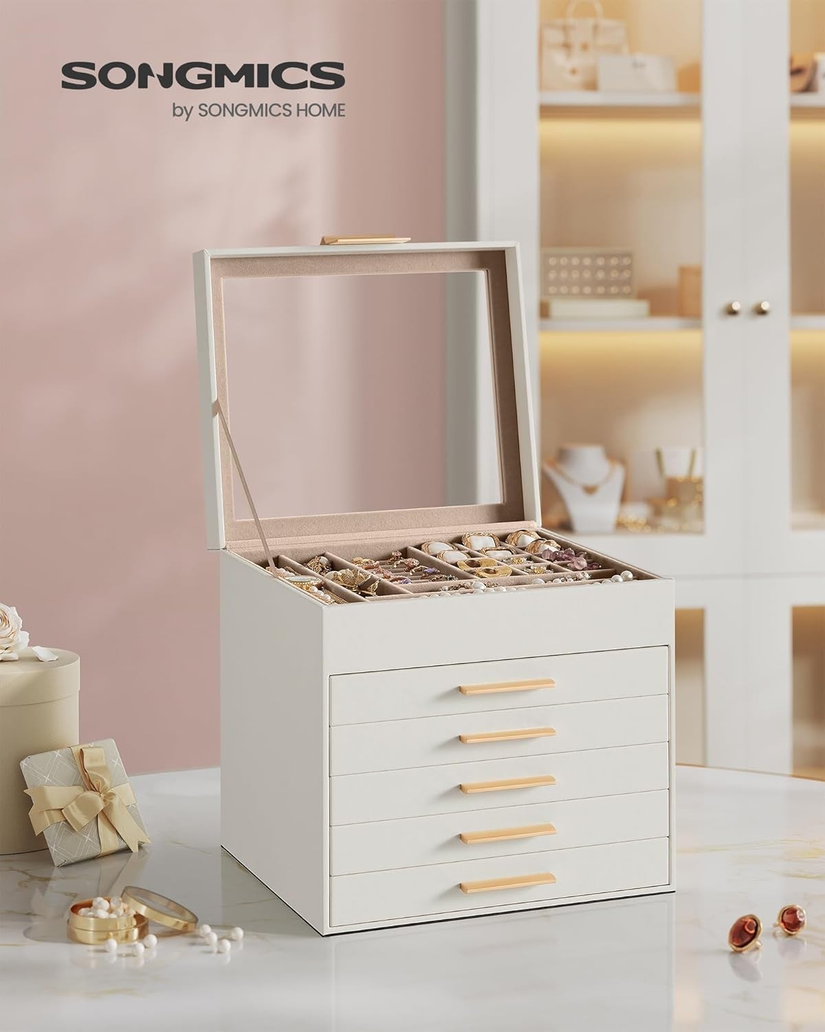 Cloud White Gold Jewellery Box Glass Lid 6 Layer Organizer with Drawers