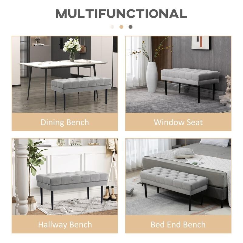 Grey Velvet End of Bed Bench Upholstered Button Tufted Hallway Seat 110cm