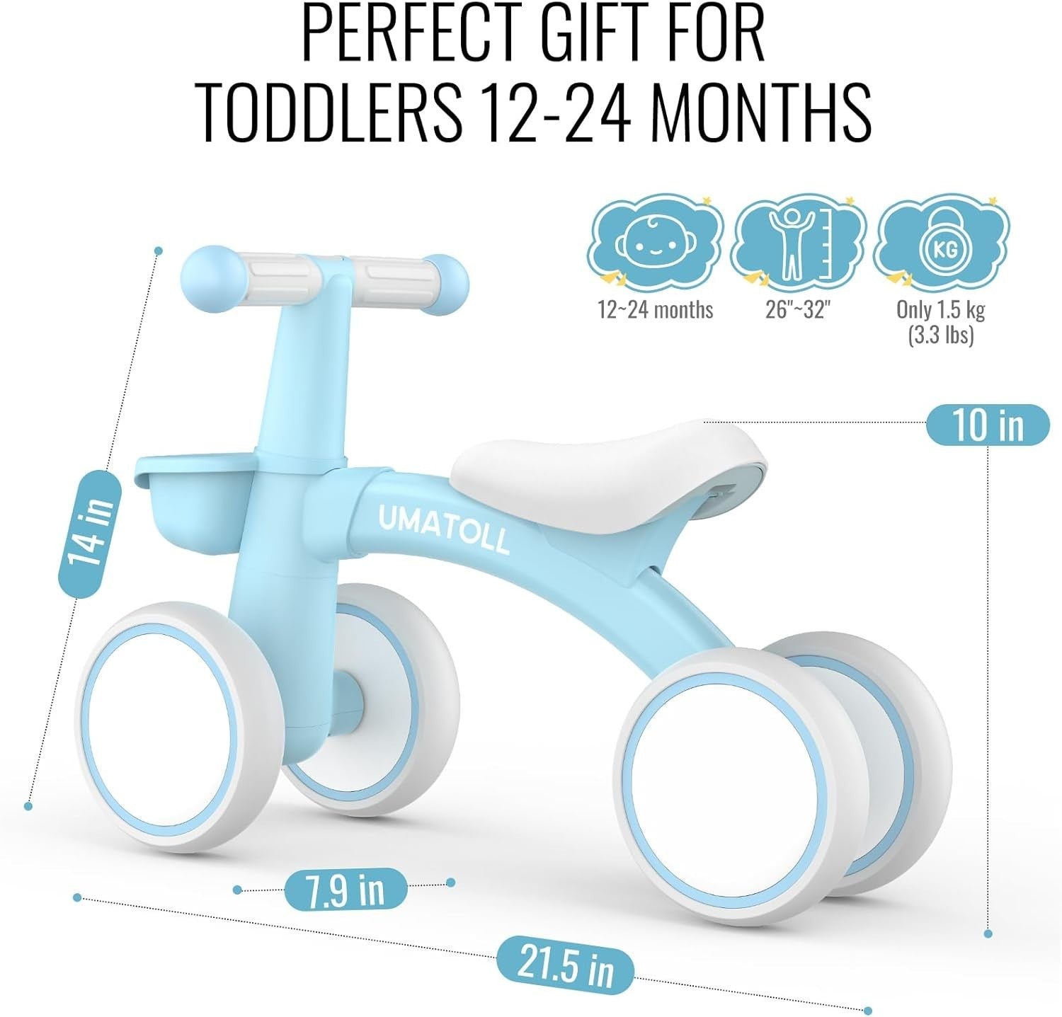 Baby Balance Bike 1 Year Old Toddler Ride On 4 Wheel Adjustable Seat Blue