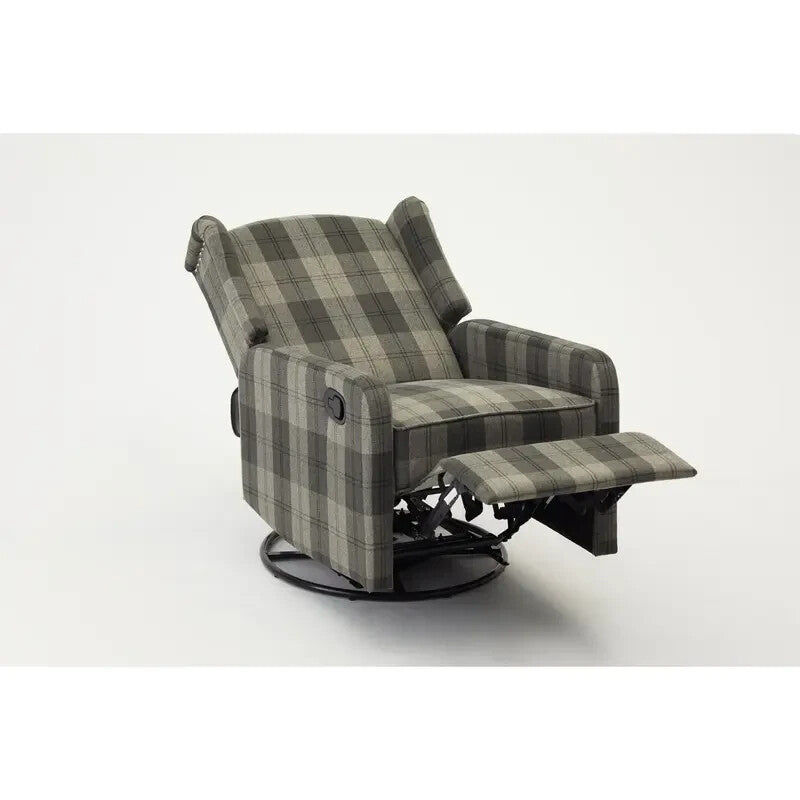 Recliner Armchair Grey Tartan Wingback Chair with Swivel & Footrest Sofa