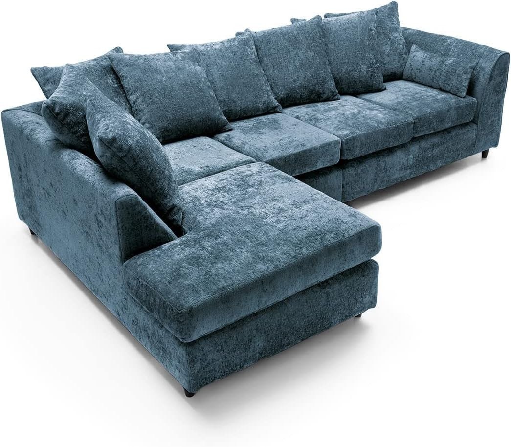 Large Dark Blue Chenille Corner Sofa – Modern L Shape 5 Seater Couch w/ Covers
