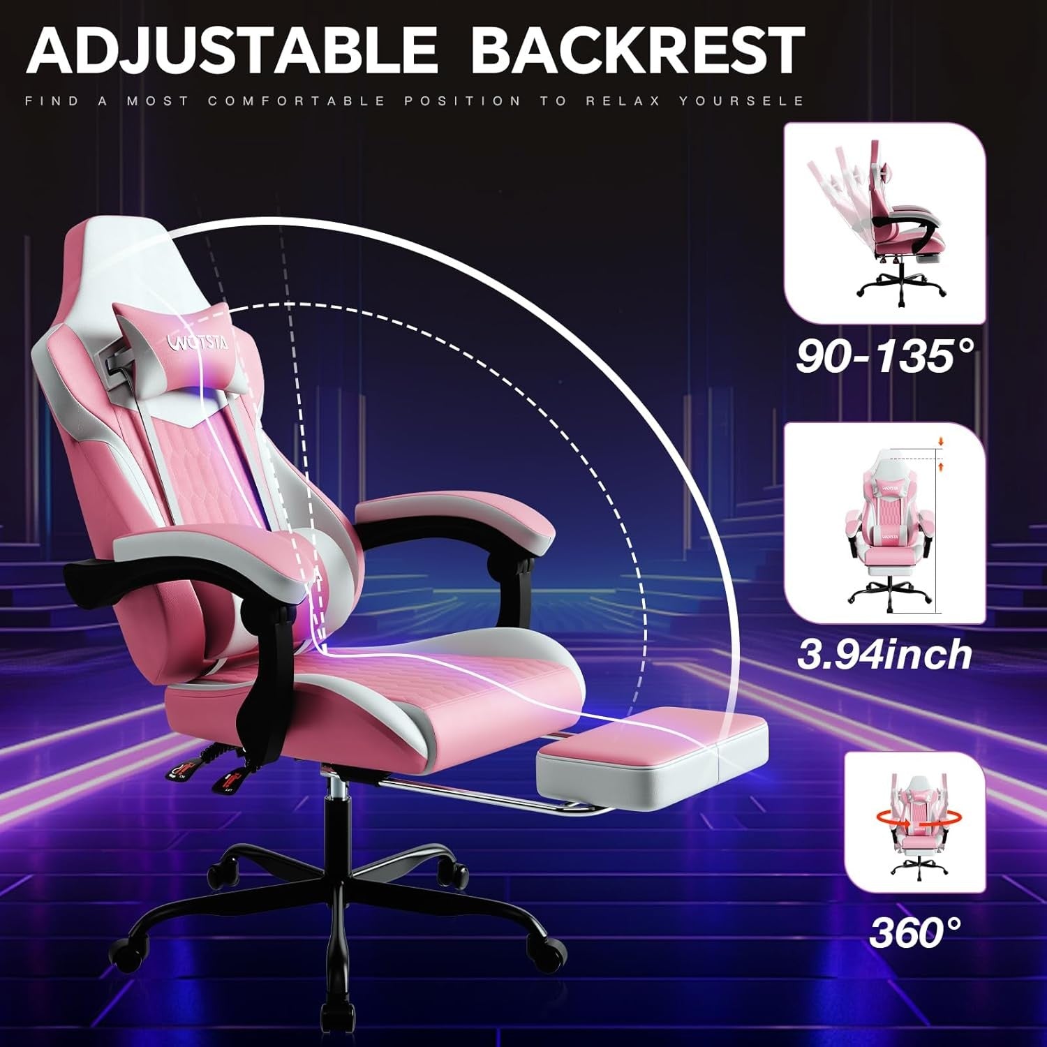Ergonomic Gaming Chair Pink White w/ Footrest Lumbar