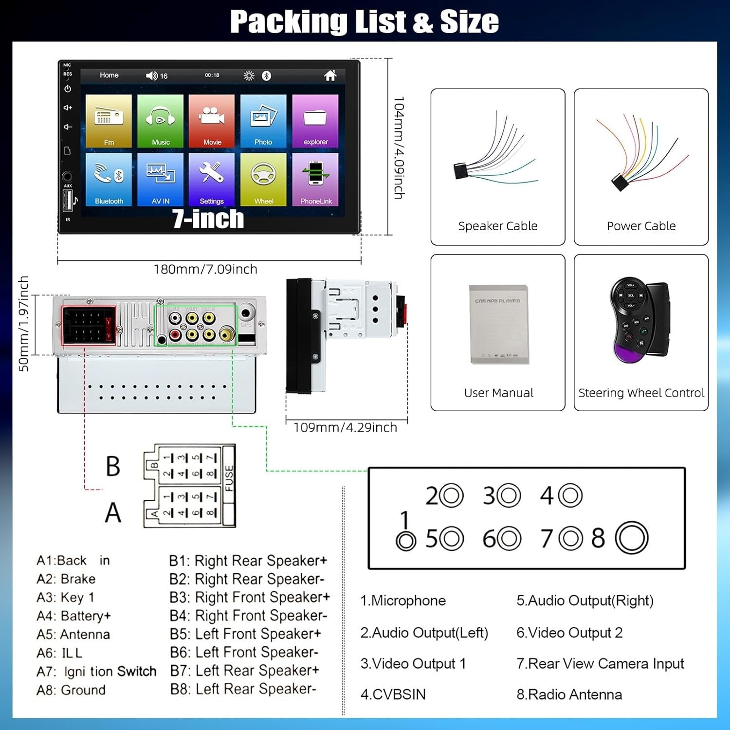 7" Single DIN Car Stereo Touchscreen Bluetooth Mirror Link