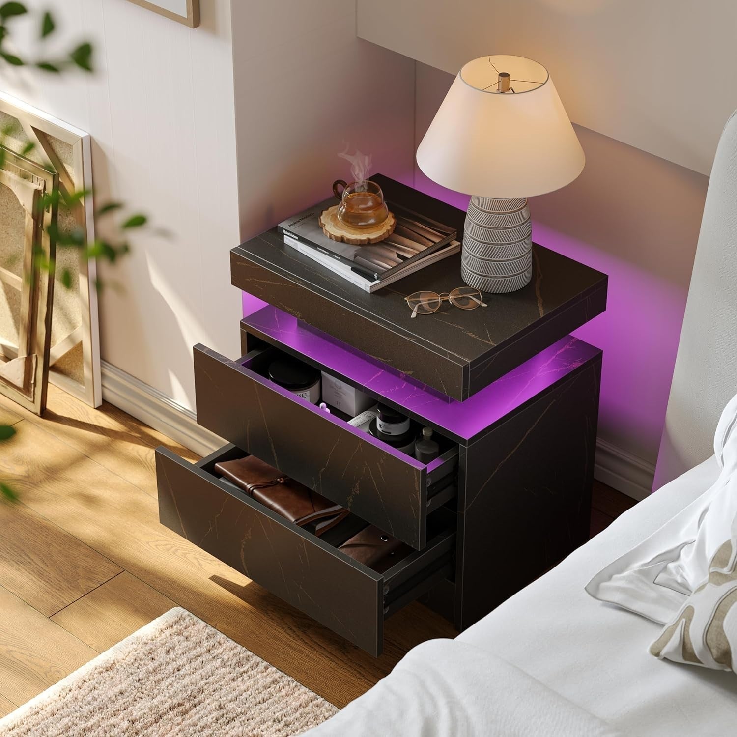 Modern Black Gold LED Bedside Table with Drawers – Luxury RGB Light Nightstand