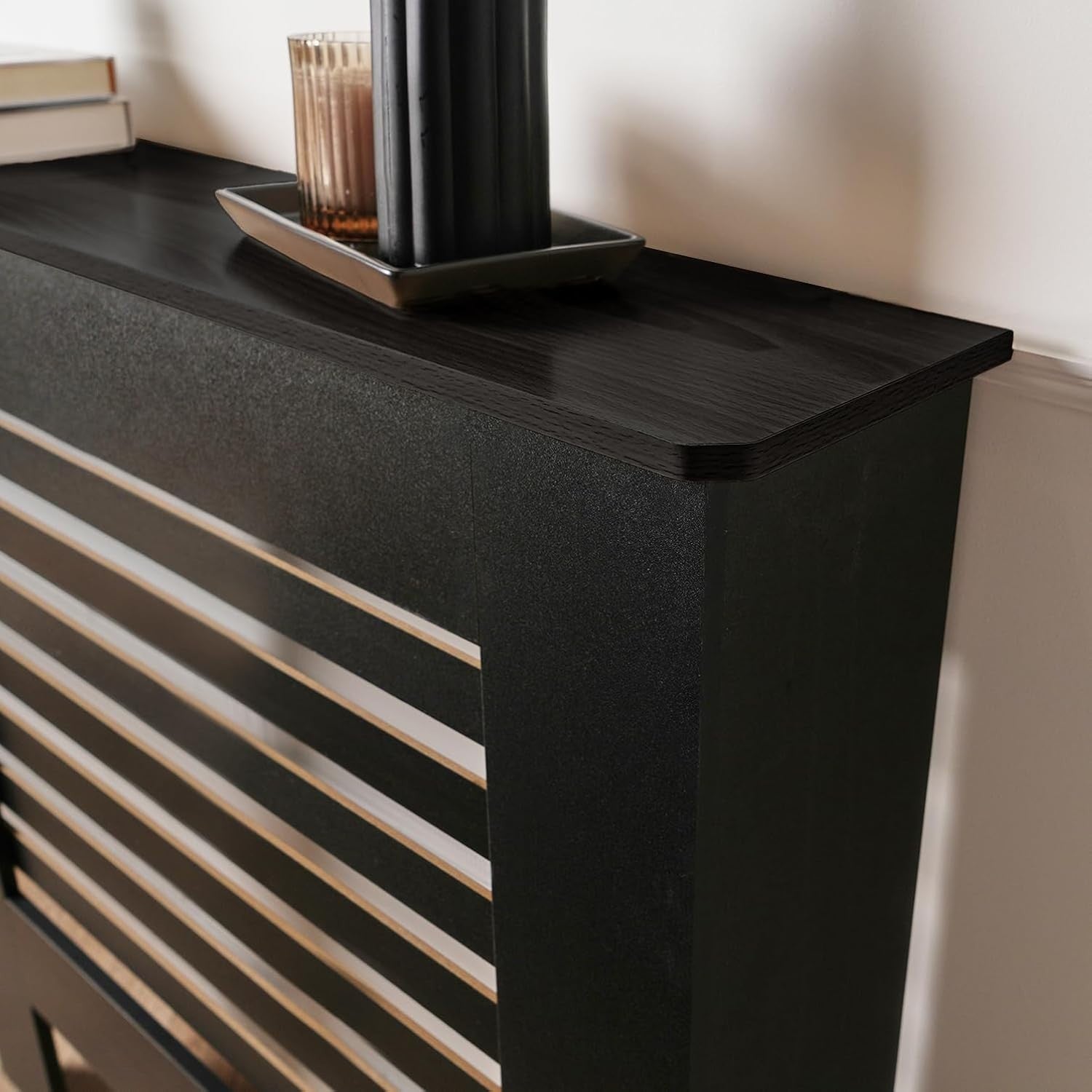 Large Black Radiator Cover MDF Slatted Cabinet – Modern Wooden Heater Shelf