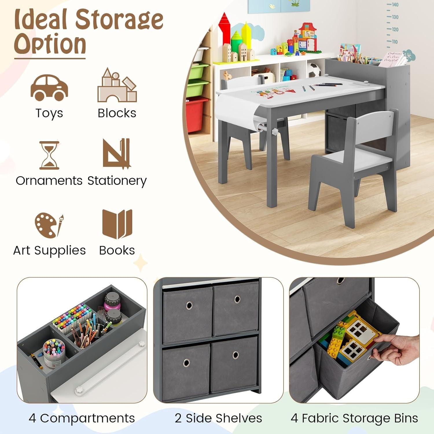 Kids Art Table & Chair Set Grey – Paper Roll + Storage Bins Craft Desk