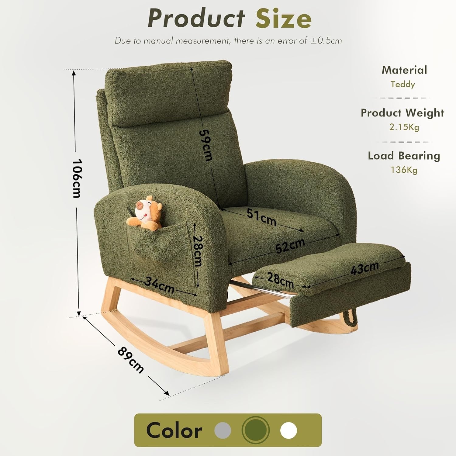 Rocking Chair with Footrest Teddy Fabric, Extra Wide Seat, Full Back Support