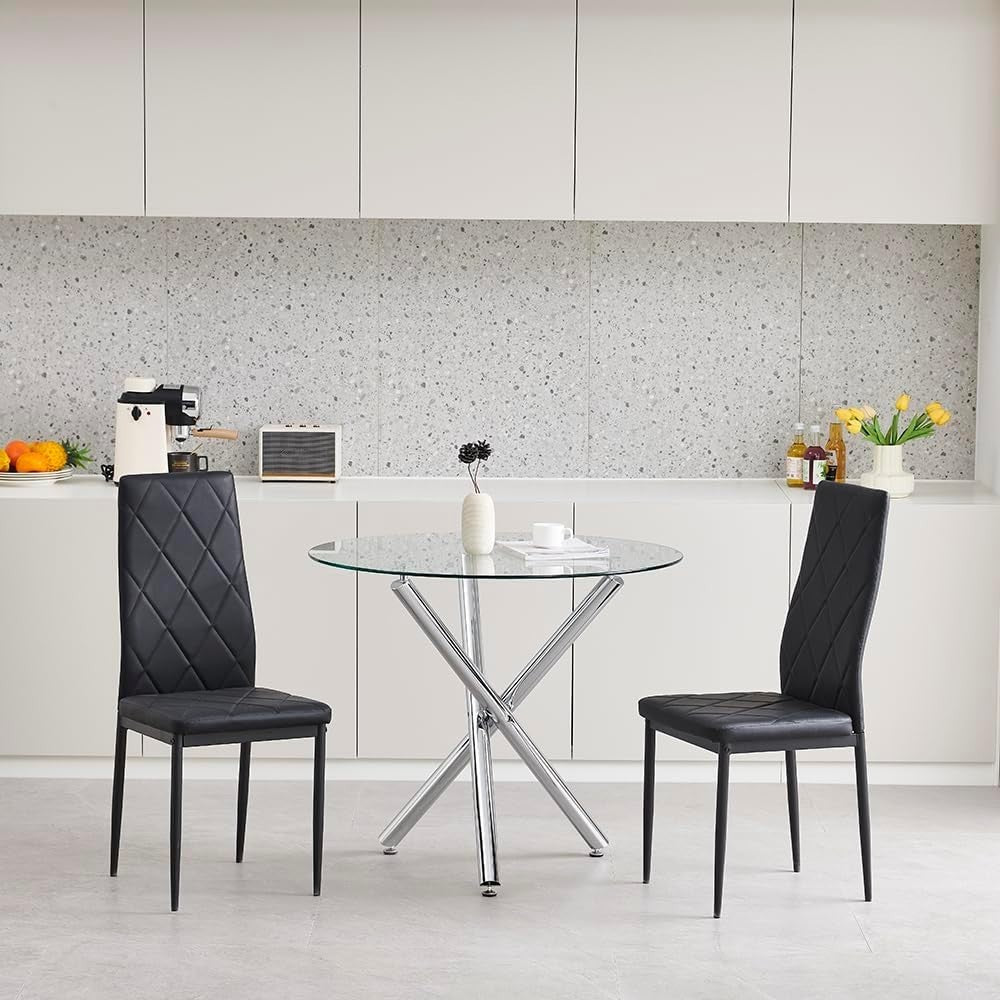 Round Glass Dining Table with 4 Grey Velvet Chairs | Small Space Kitchen