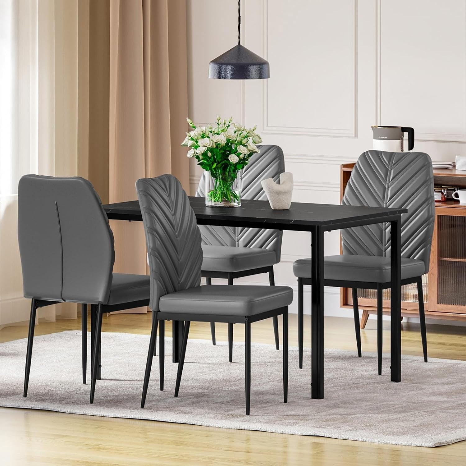Modern Marble Dining Table Set 4 PU Chairs Black & Grey Leaf Pattern