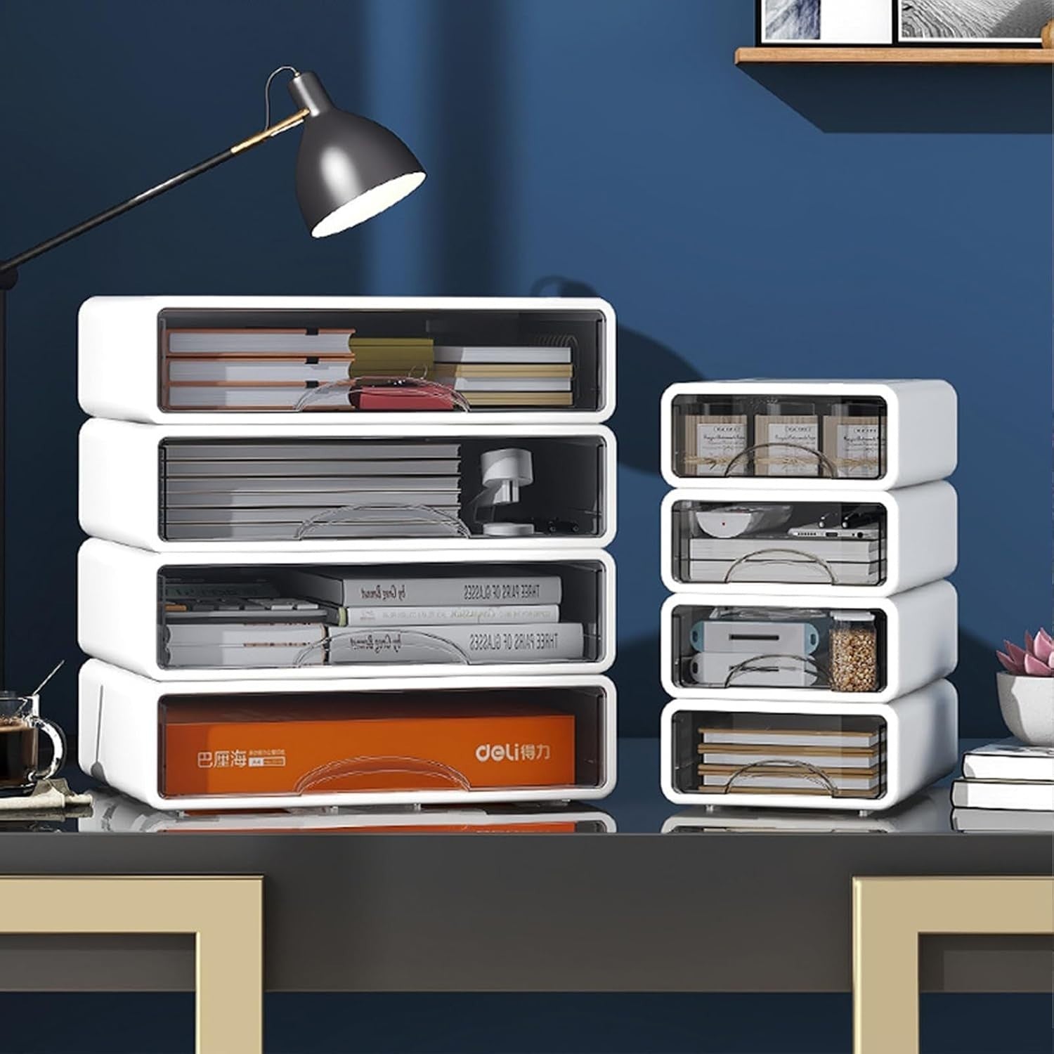 White Desk Organizer 2 Small + 2 Medium Drawers Stackable Storage