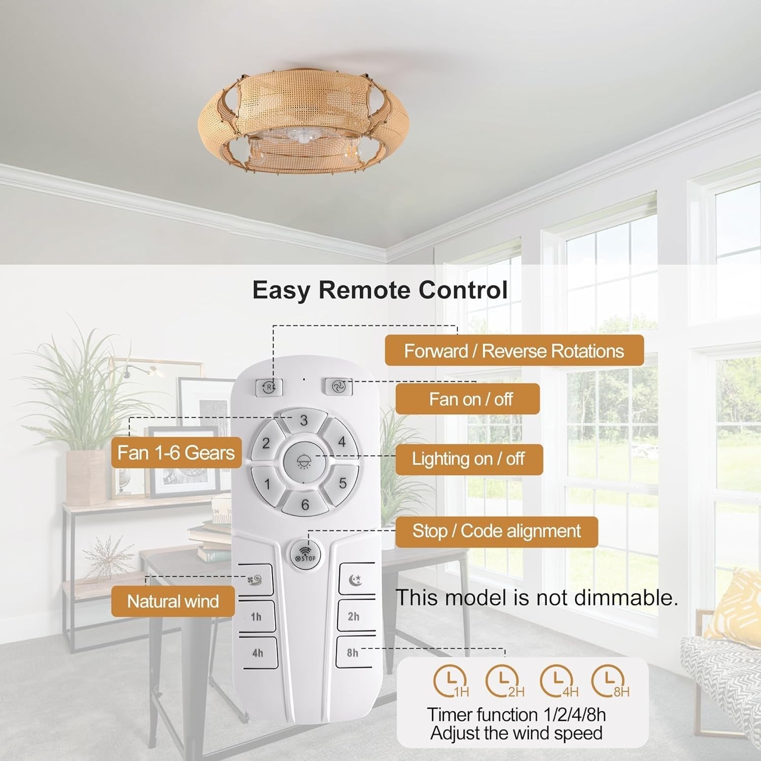 Boho Rattan Ceiling Fan Light 53CM, 6-Speed, APP, Remote, E27