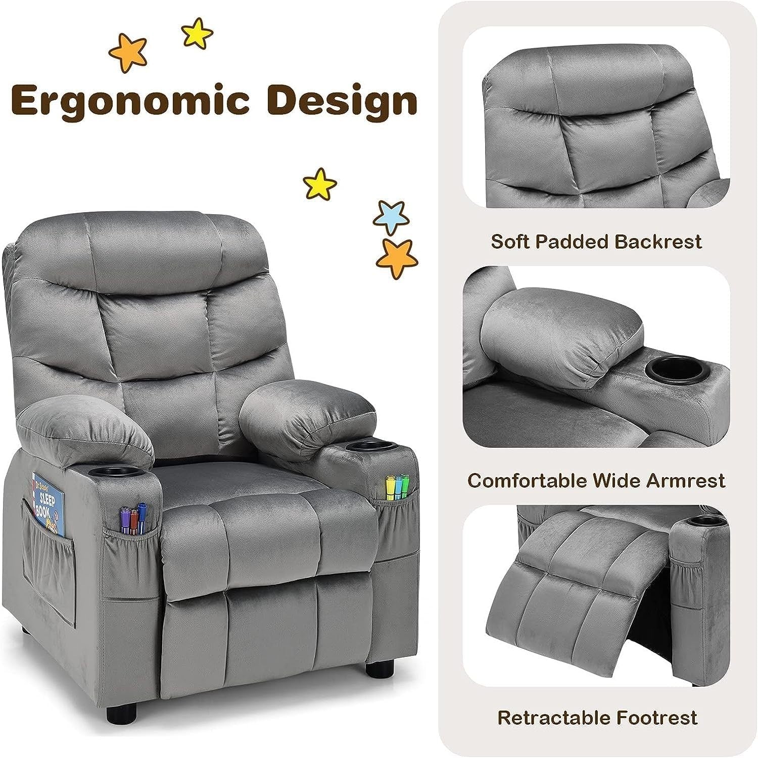 Adjustable Kids Recliner Chair with Footrest, Cup Holders & Side Pockets
