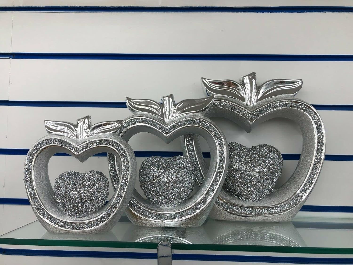 Silver Sparkly Crushed Diamond Apple Ornaments Set of 3 | Luxury Home Decor