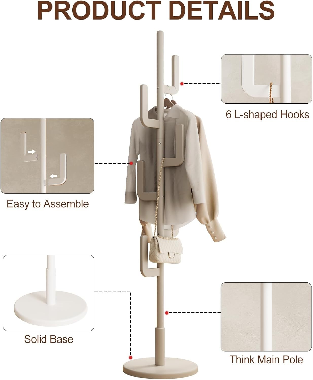 White Wooden Coat Rack 6 Hooks Cactus Design Freestanding Hall Tree Stand