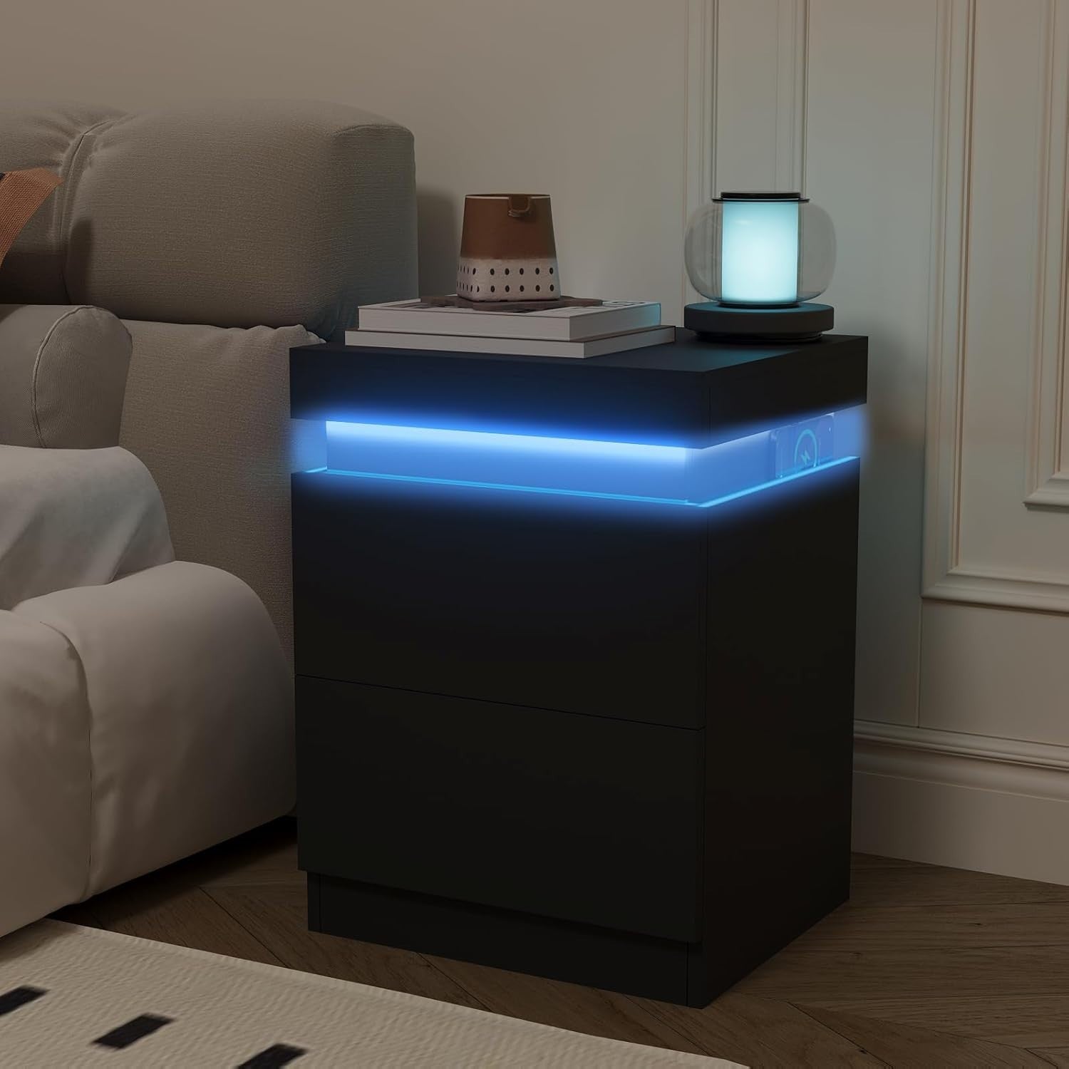 Modern LED Bedside Table with 2 Drawers & USB Charging