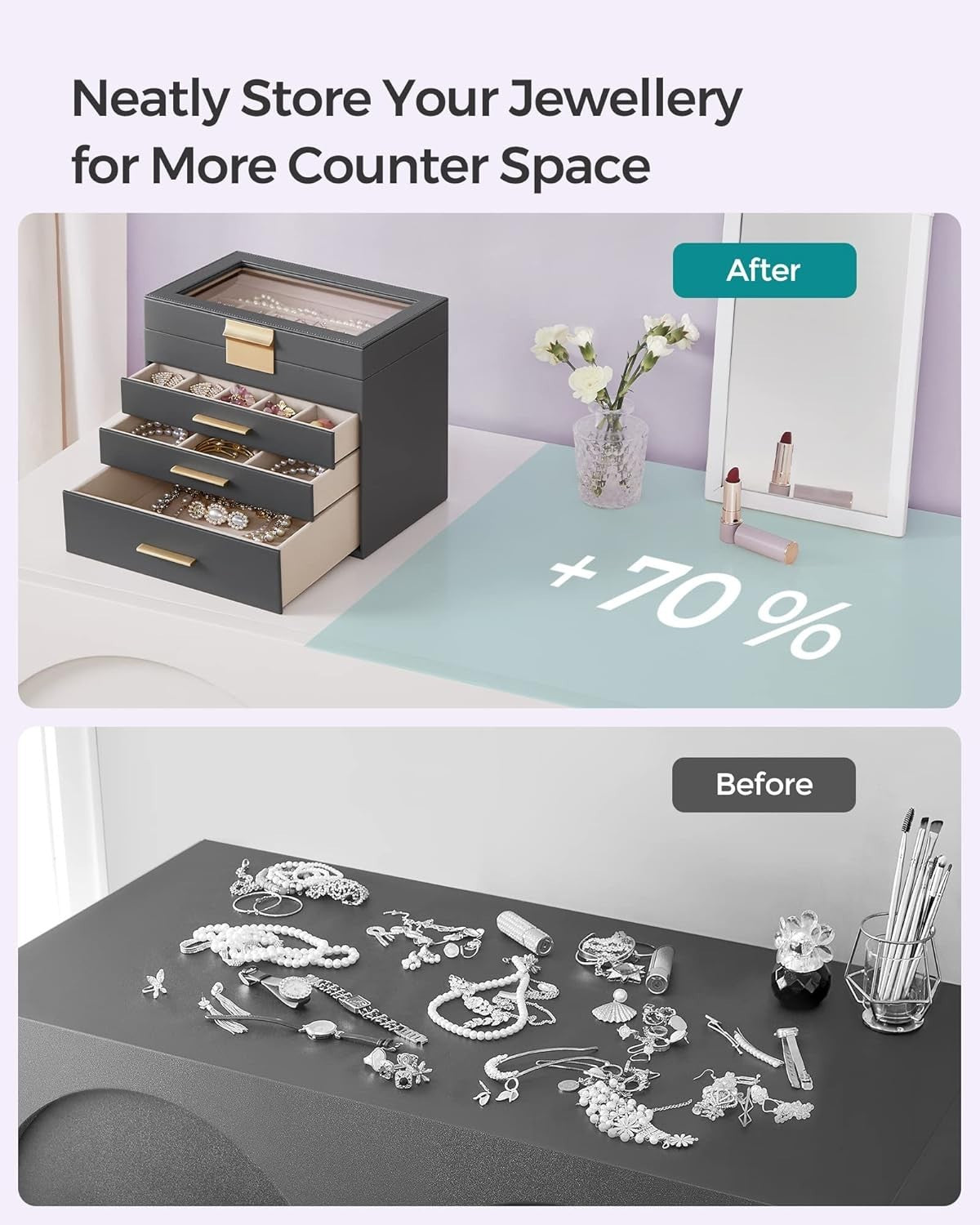 Grey Gold Jewellery Box Glass Lid 4 Layer Organizer with Drawers