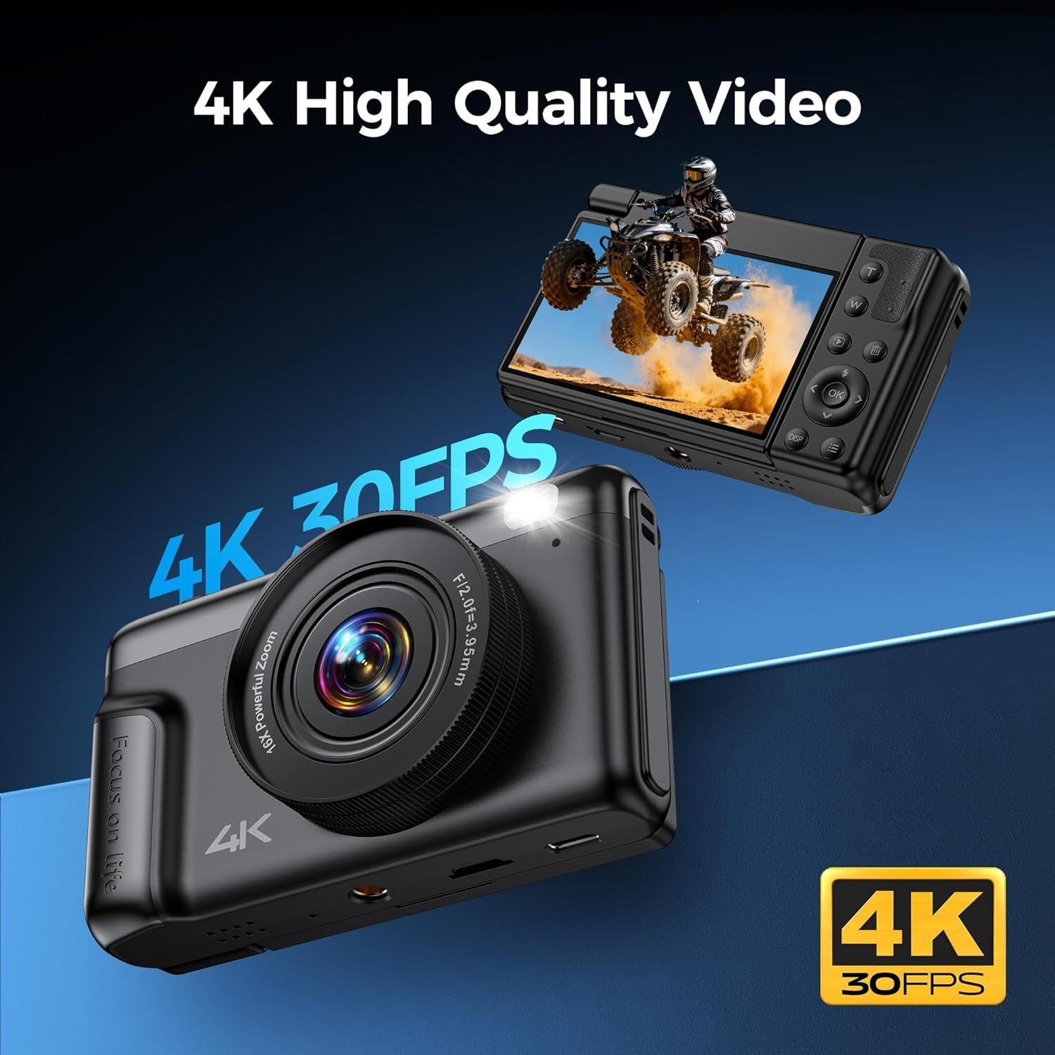 4K Digital Camera 64MP Vlogging Camera Flip Screen 16X Zoom Black