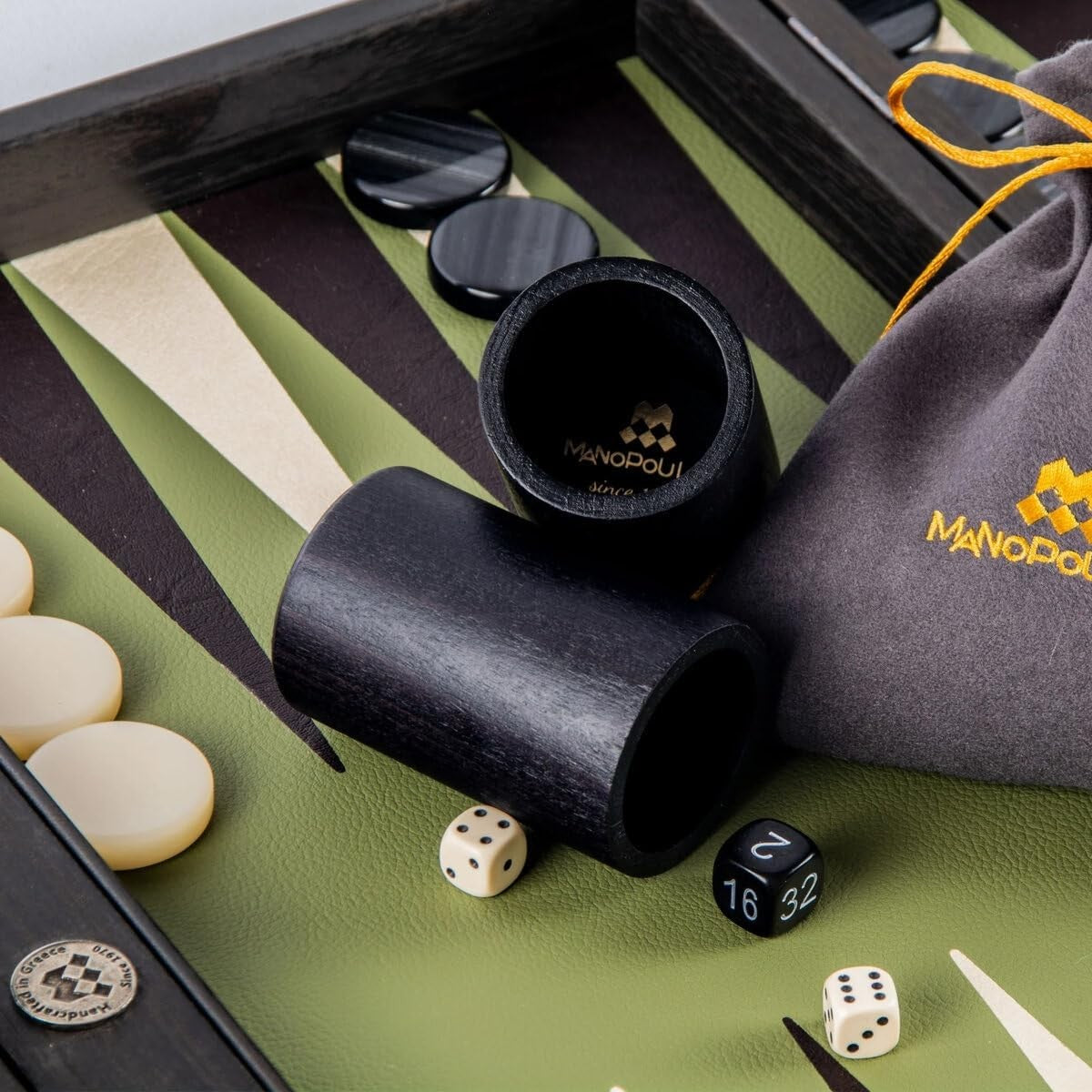 19” Luxury Backgammon Set Olive Green Faux Leather Wooden Foldable Board