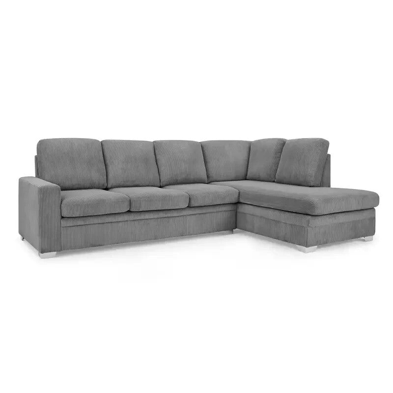 Grey Jumbo Cord Corner Sofa RH Chaise 4-Seater Deep Seat Lounge Couch