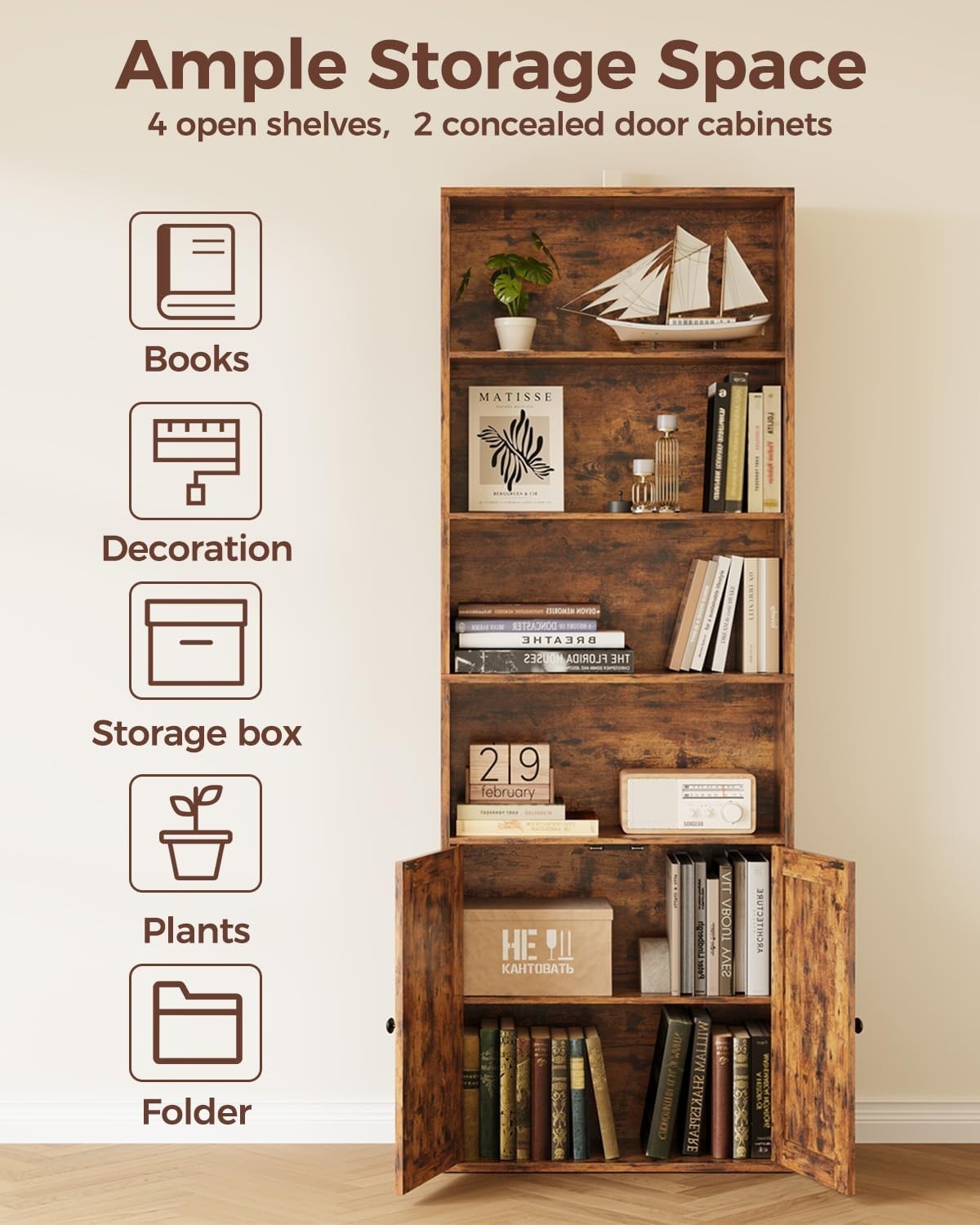 6 Tier Tall Retro Brown Bookcase with Doors Storage Display Shelf 60x23.5x180cm