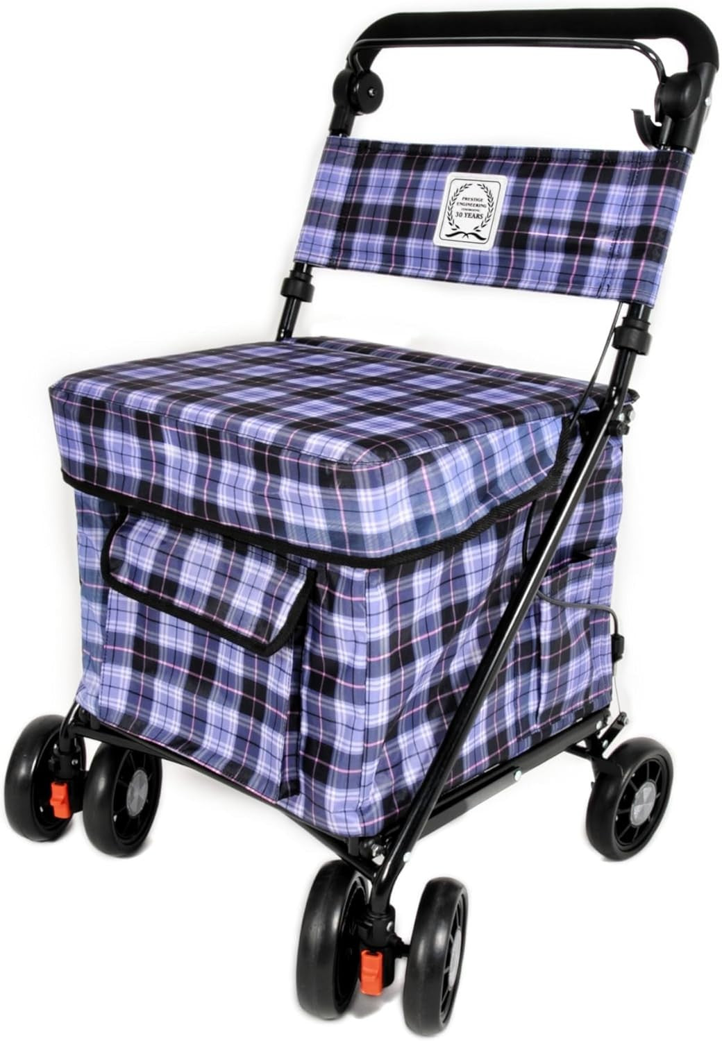Lilac Check 6-Wheel Walk & Rest Shopping Trolley – Padded Seat & Back