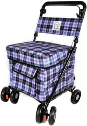 Lilac Check 6-Wheel Walk & Rest Shopping Trolley – Padded Seat & Back