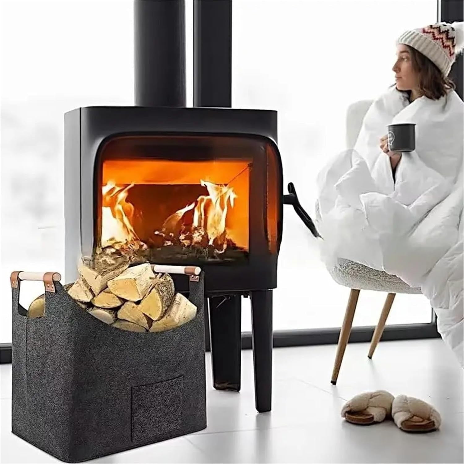 Large Felt Firewood Basket with Handles – Foldable, Durable Log Carrier