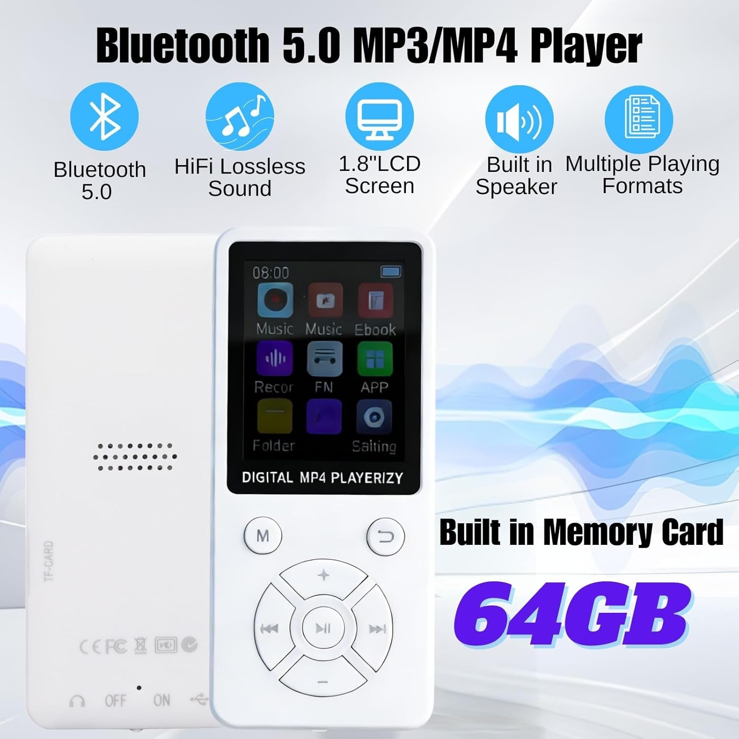 64GB Bluetooth 5.0 MP3 MP4 Player 1.8" LCD FM Radio White