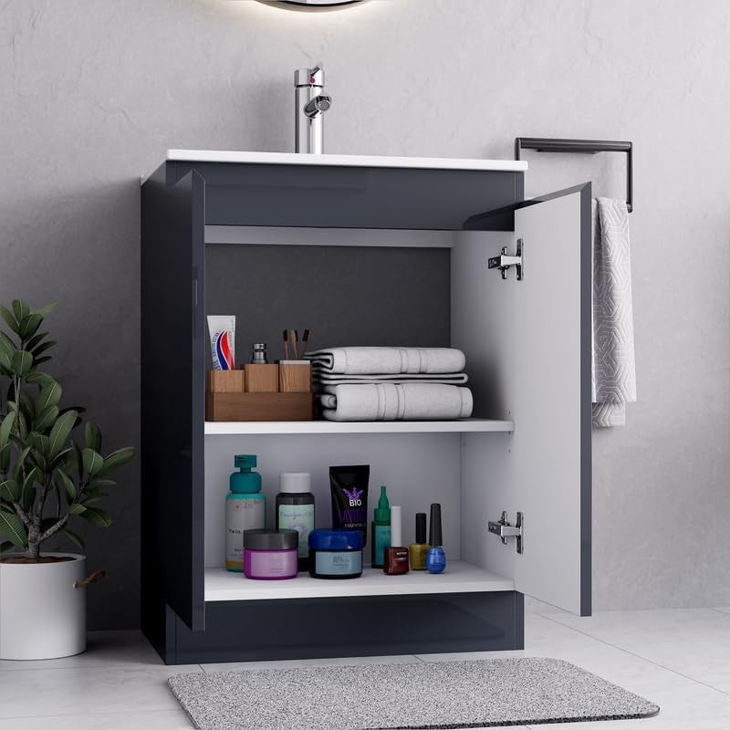 600mm Grey Bathroom Vanity Unit with Basin Cupboard Floor Standing Sink Cabinet