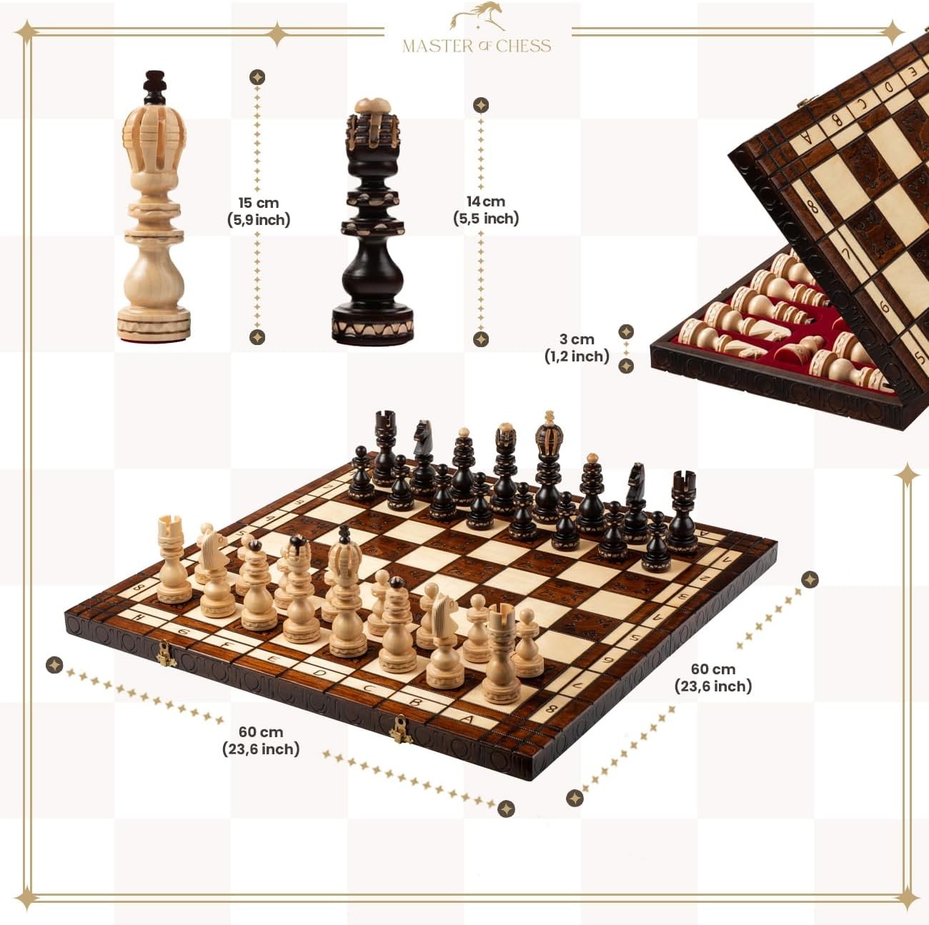 Luxury 60cm Wooden Chess Set | Hand-Carved Sycamore Pieces | Premium Large Board