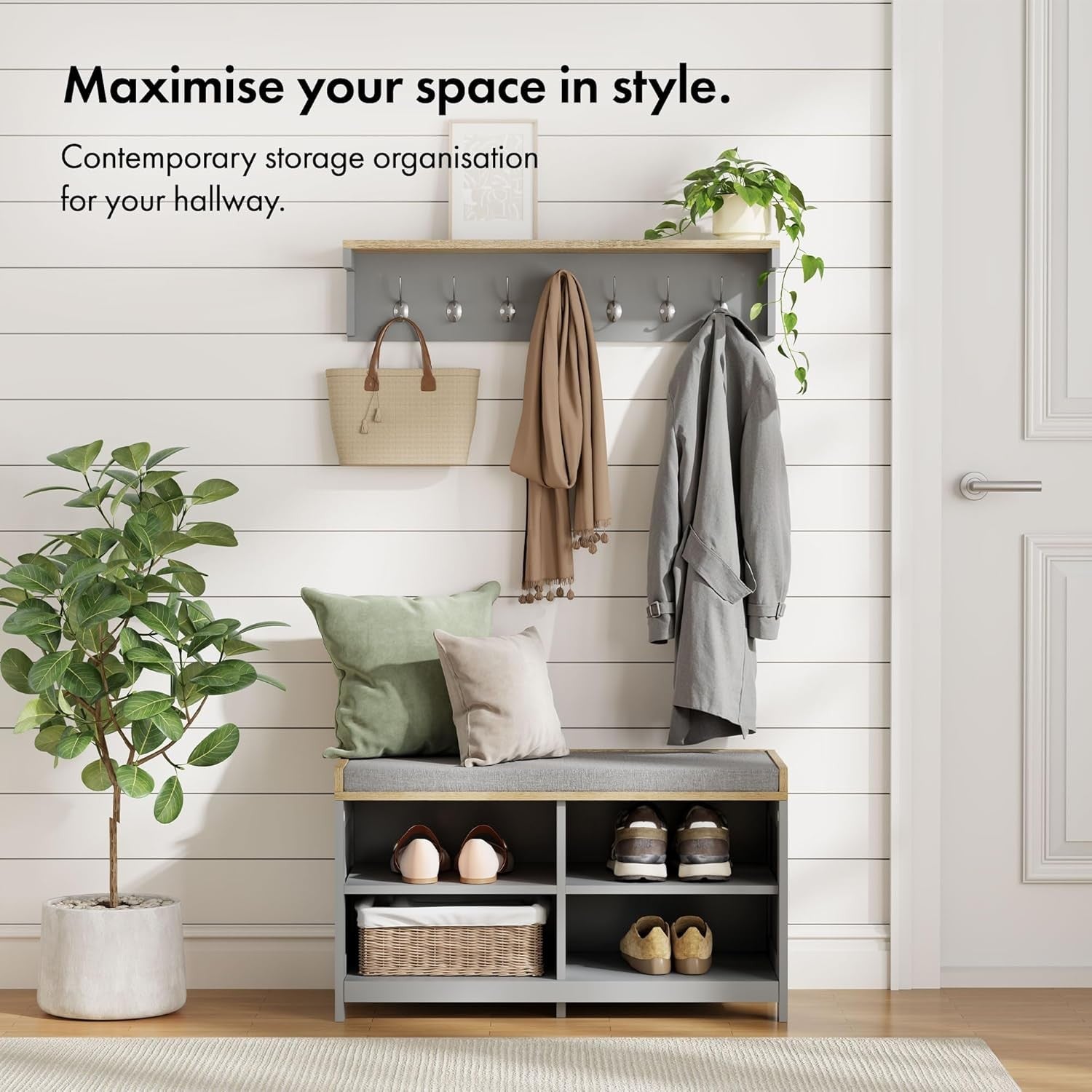 Wall Mounted Coat Rack with Shelf | 7 Double Hooks Grey Wooden Hall Organiser