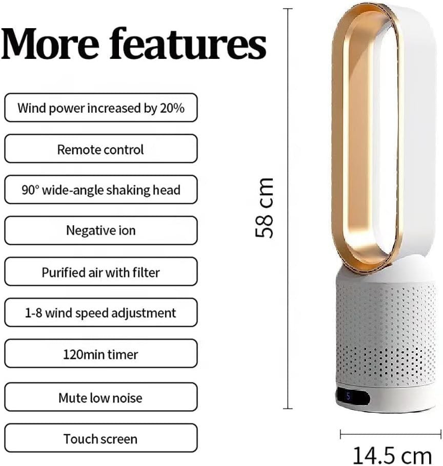 Bladeless Tower Fan 2-in-1 Air Purifier 8-Speed LED Touch Remote Control Gold