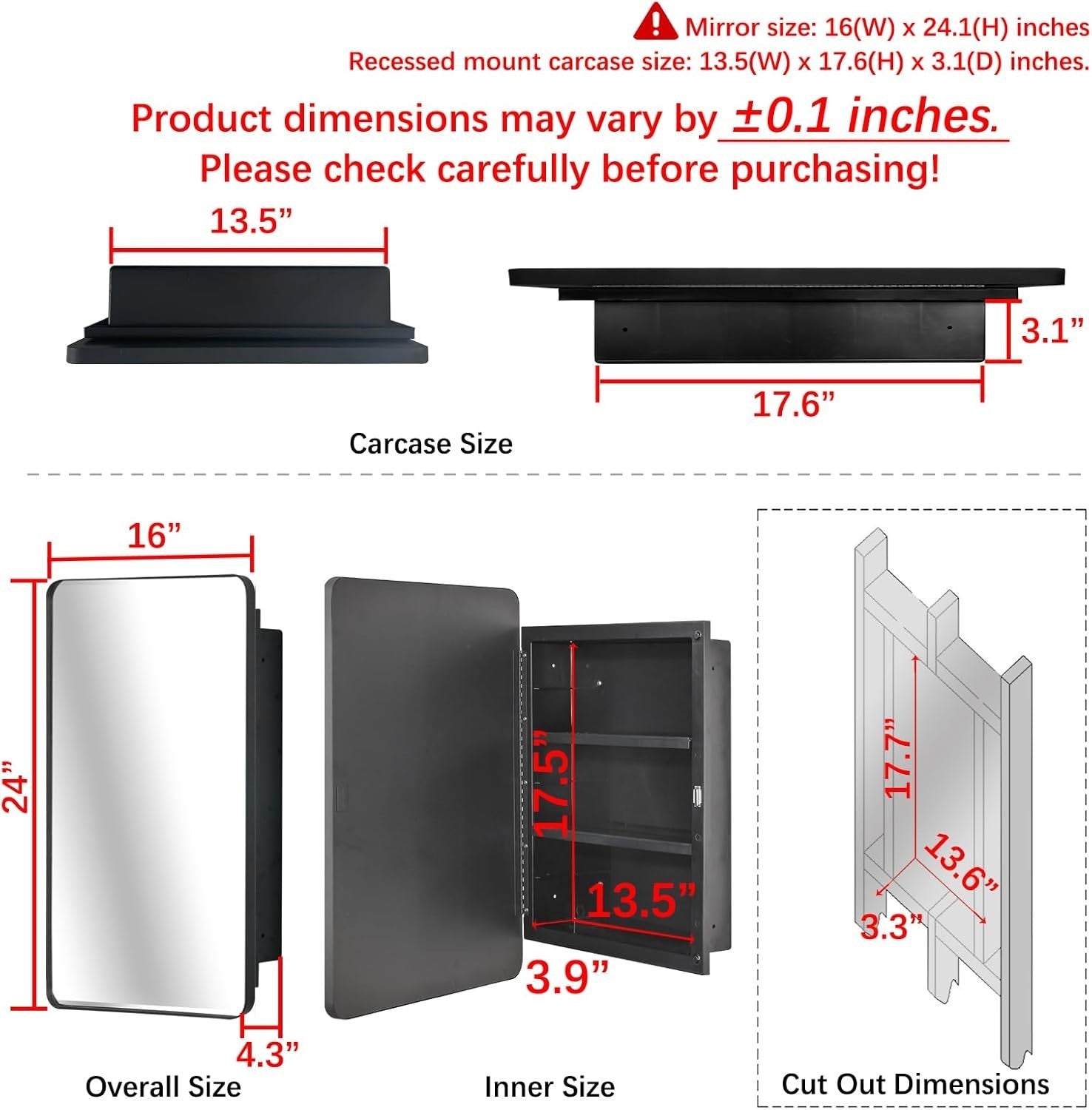 Wall-Mounted Plastic Mirror Cabinet with Adjustable Shelves & Storage