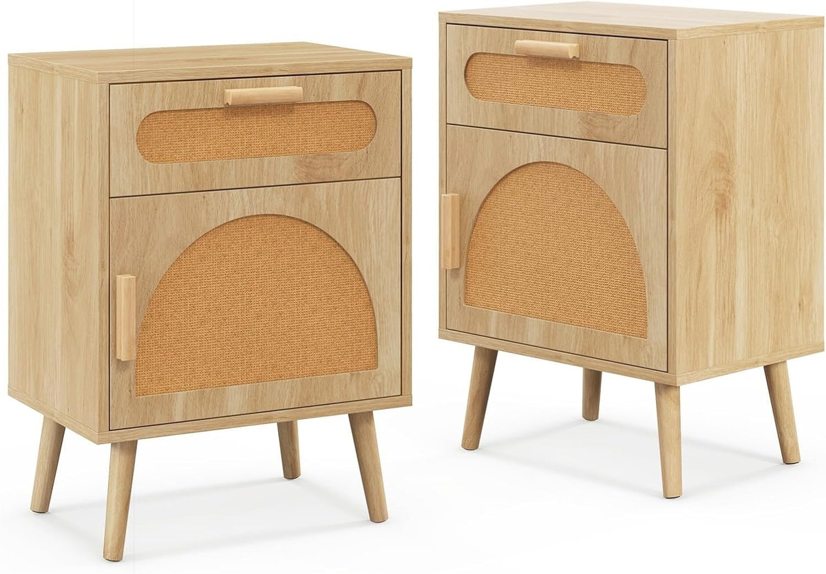 Wooden Rattan Bedside Tables Set of 2 | Boho Nightstands with Storage & Shelf