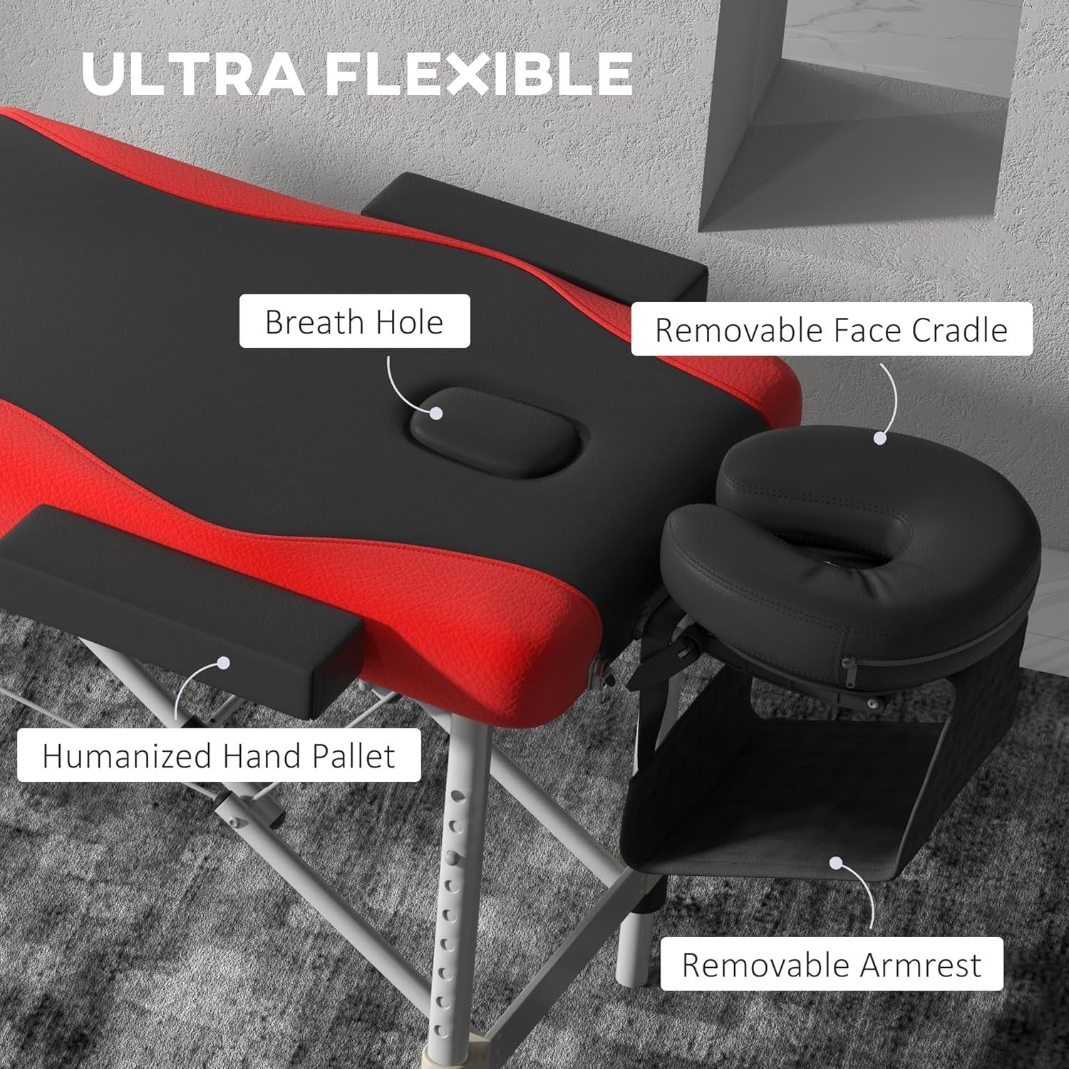 Portable Massage Table 3-Section Foldable Aluminium Beauty Bed w/ Bag Red Black