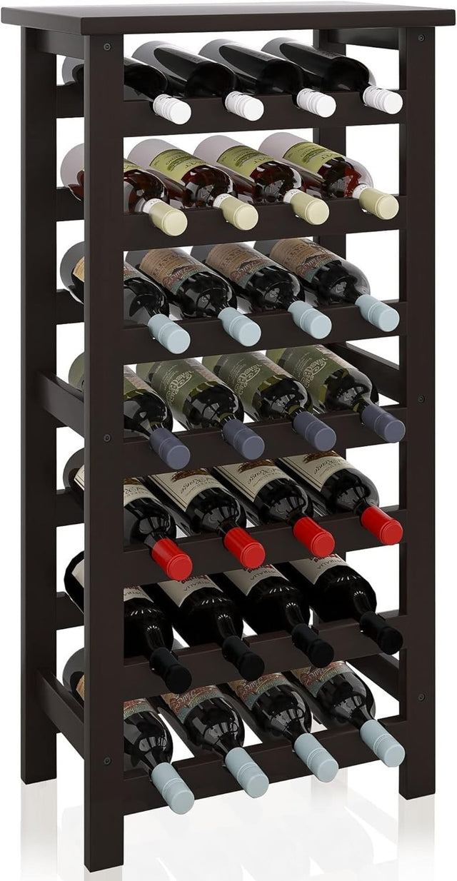 7 Tier Bamboo Wine Rack 28 Bottle Freestanding Storage Shelf Black Home Bar