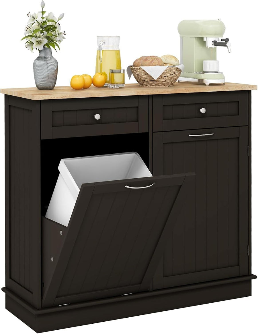 Modern Kitchen Sideboard with Tilt-Out Trash Bin Cabinet & Storage Drawers Brown