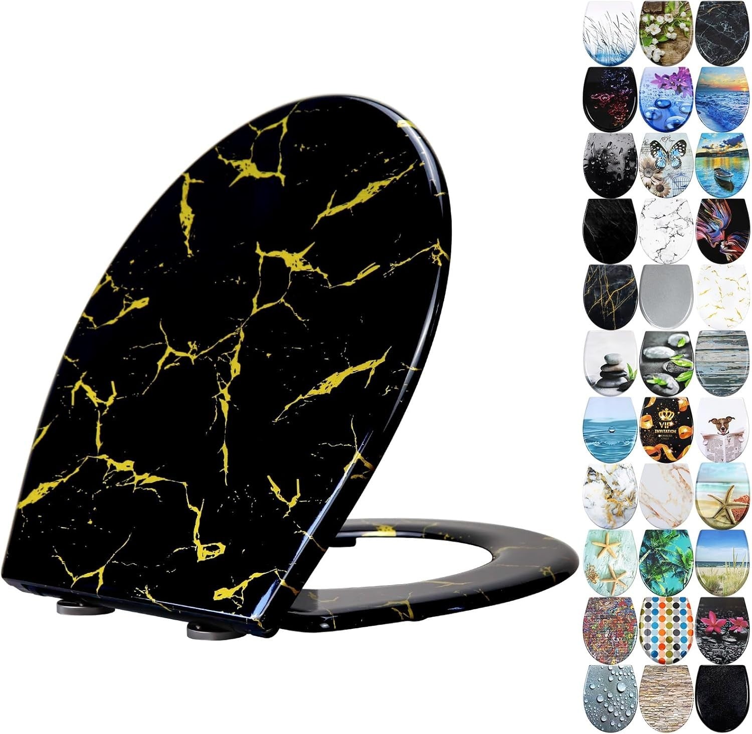 Black Toilet Seat Soft Close Quick Release Gold Glitter Duroplast 45x37cm