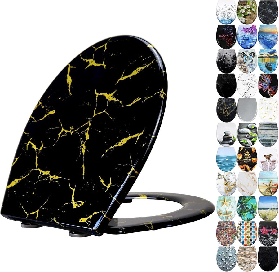Black Toilet Seat Soft Close Quick Release Gold Glitter Duroplast 45x37cm