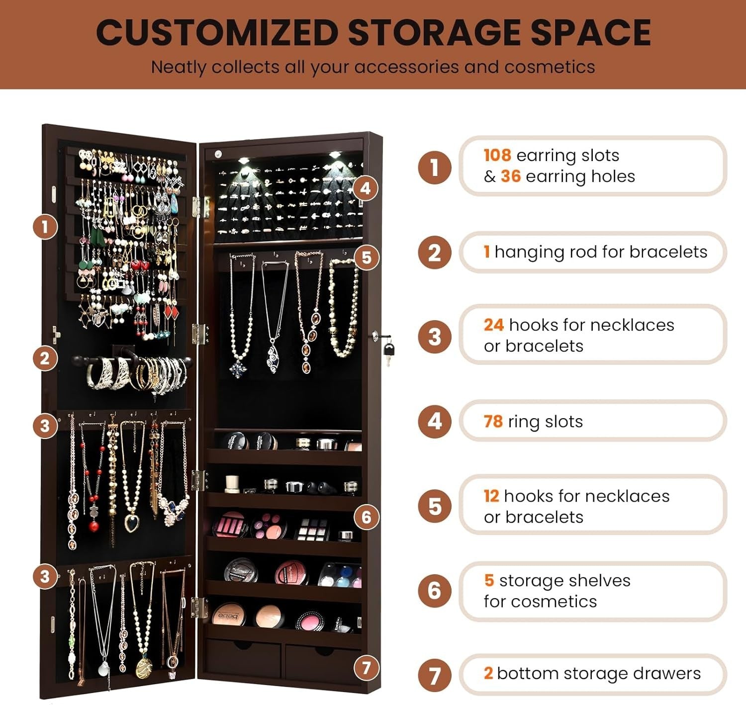 Wall Mounted Jewelry Cabinet LED Lighted Full Mirror Lockable Storage