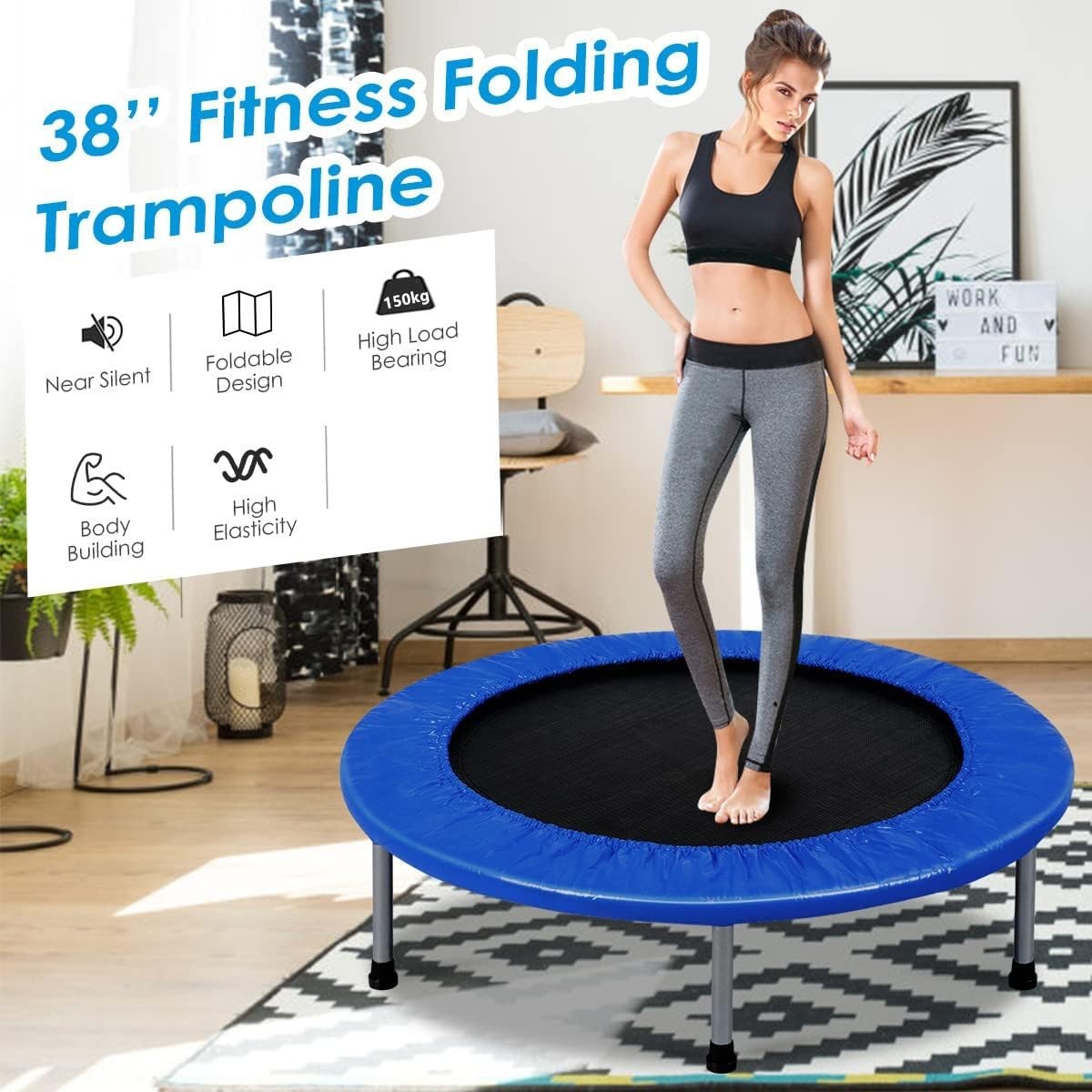 38in Foldable Fitness Bouncer Mini Trampoline Indoor Outdoor 150KG